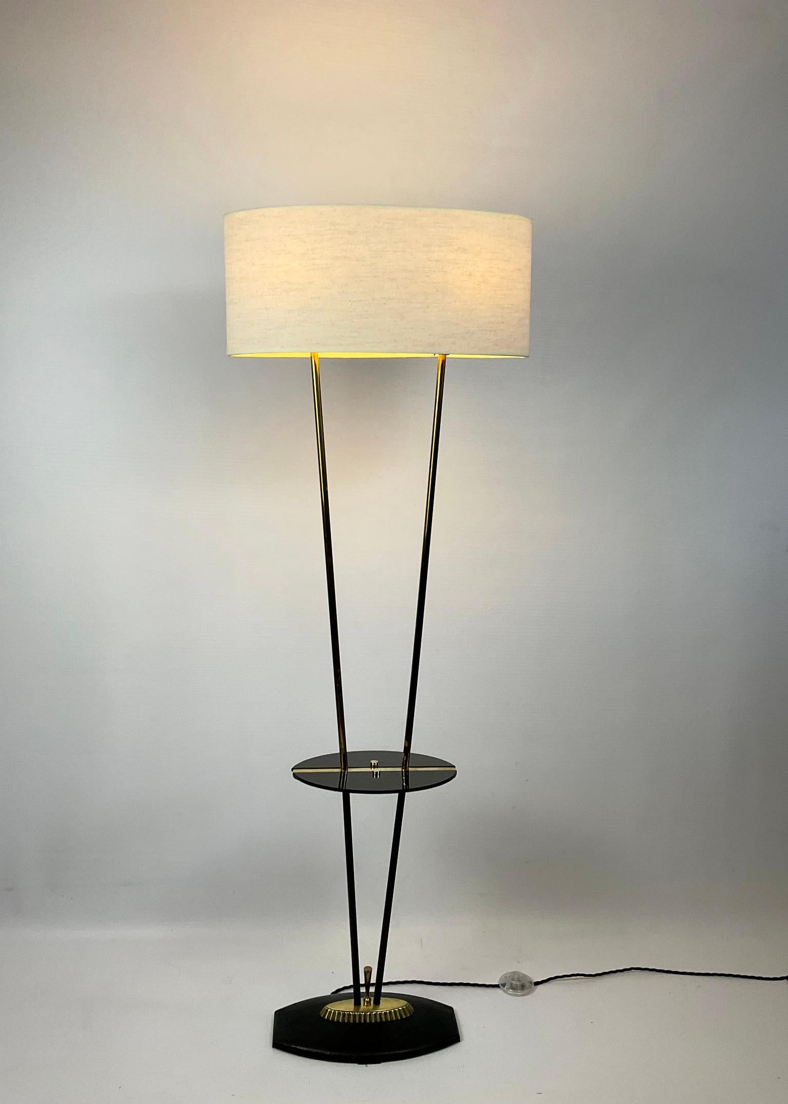 Mid-Century Modern 1950s Floor Lamp with Black Opaline Side Table Attributed to Maison Lunel  For Sale