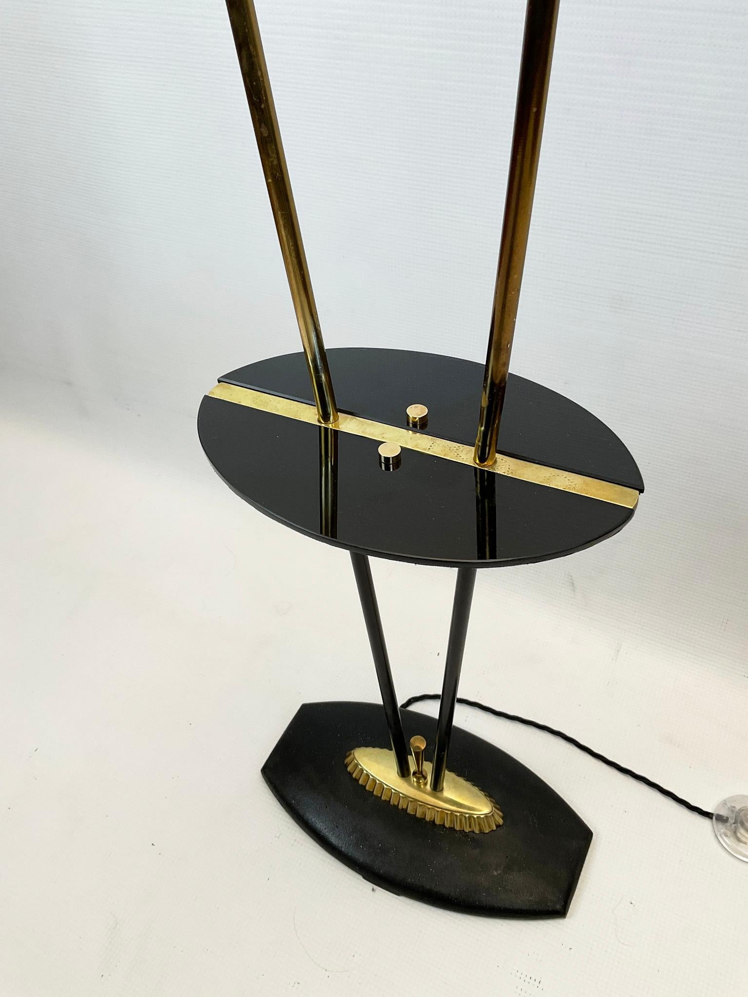 French 1950s Floor Lamp with Black Opaline Side Table Attributed to Maison Lunel  For Sale