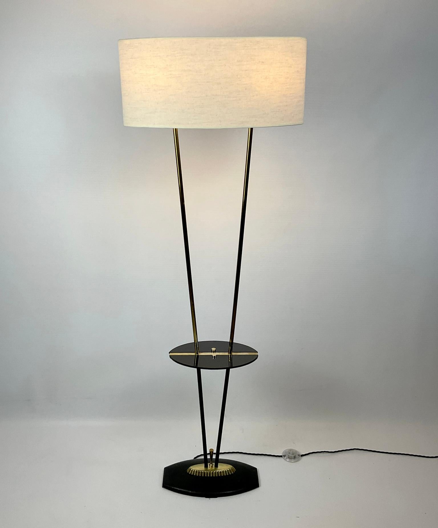 Cast 1950s Floor Lamp with Black Opaline Side Table Attributed to Maison Lunel  For Sale