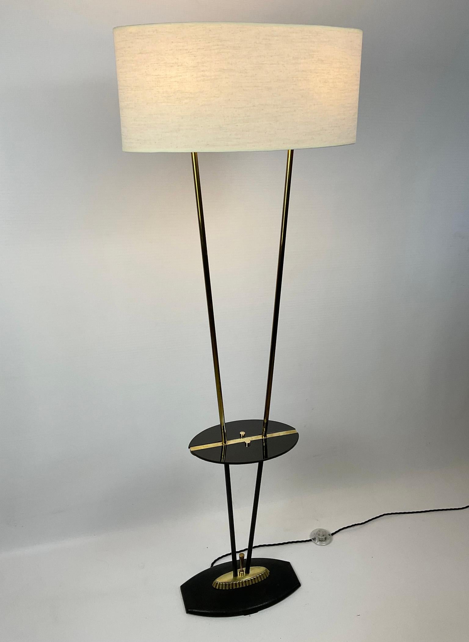 20th Century 1950s Floor Lamp with Black Opaline Side Table Attributed to Maison Lunel  For Sale