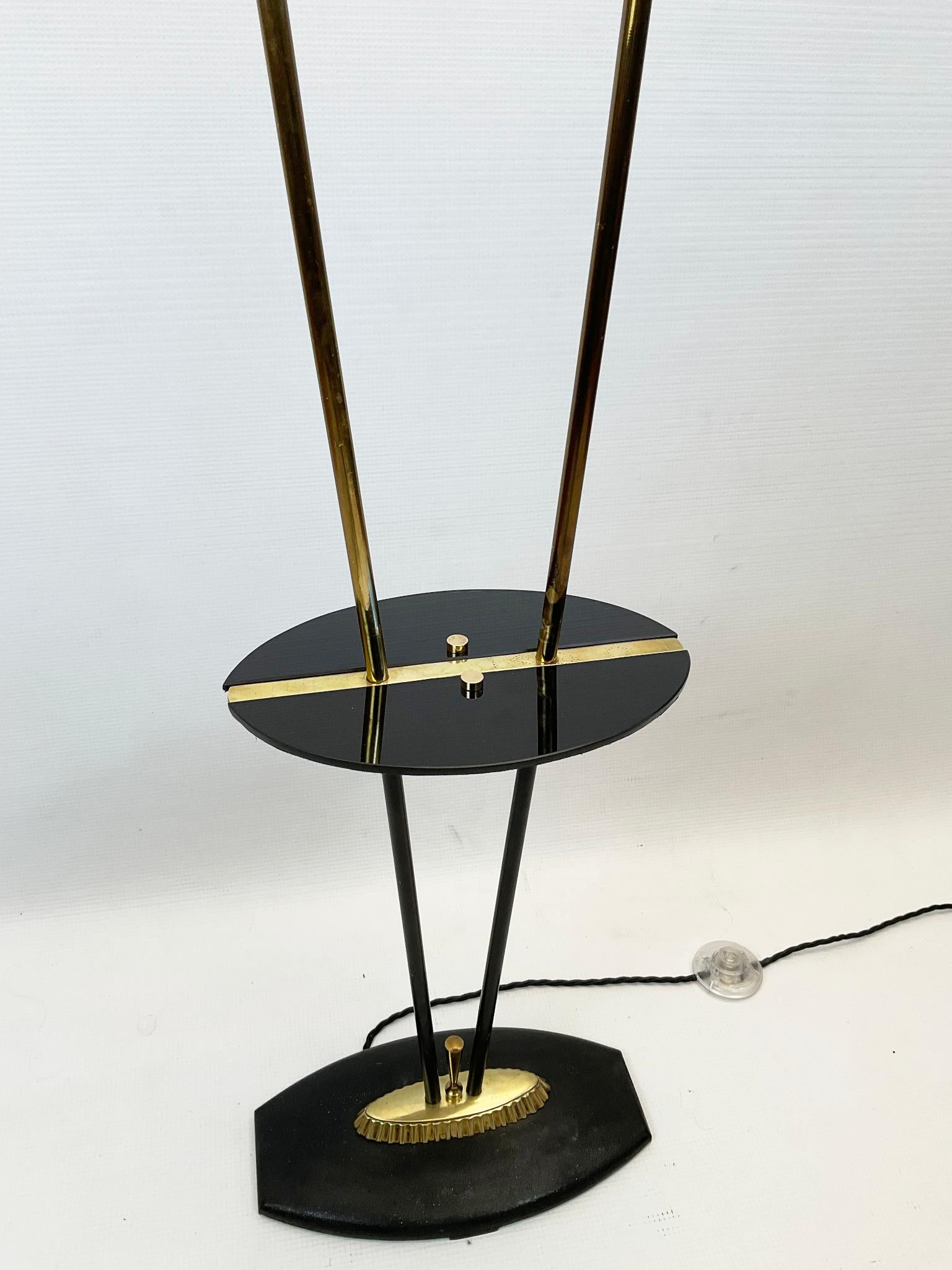 Brass 1950s Floor Lamp with Black Opaline Side Table Attributed to Maison Lunel  For Sale