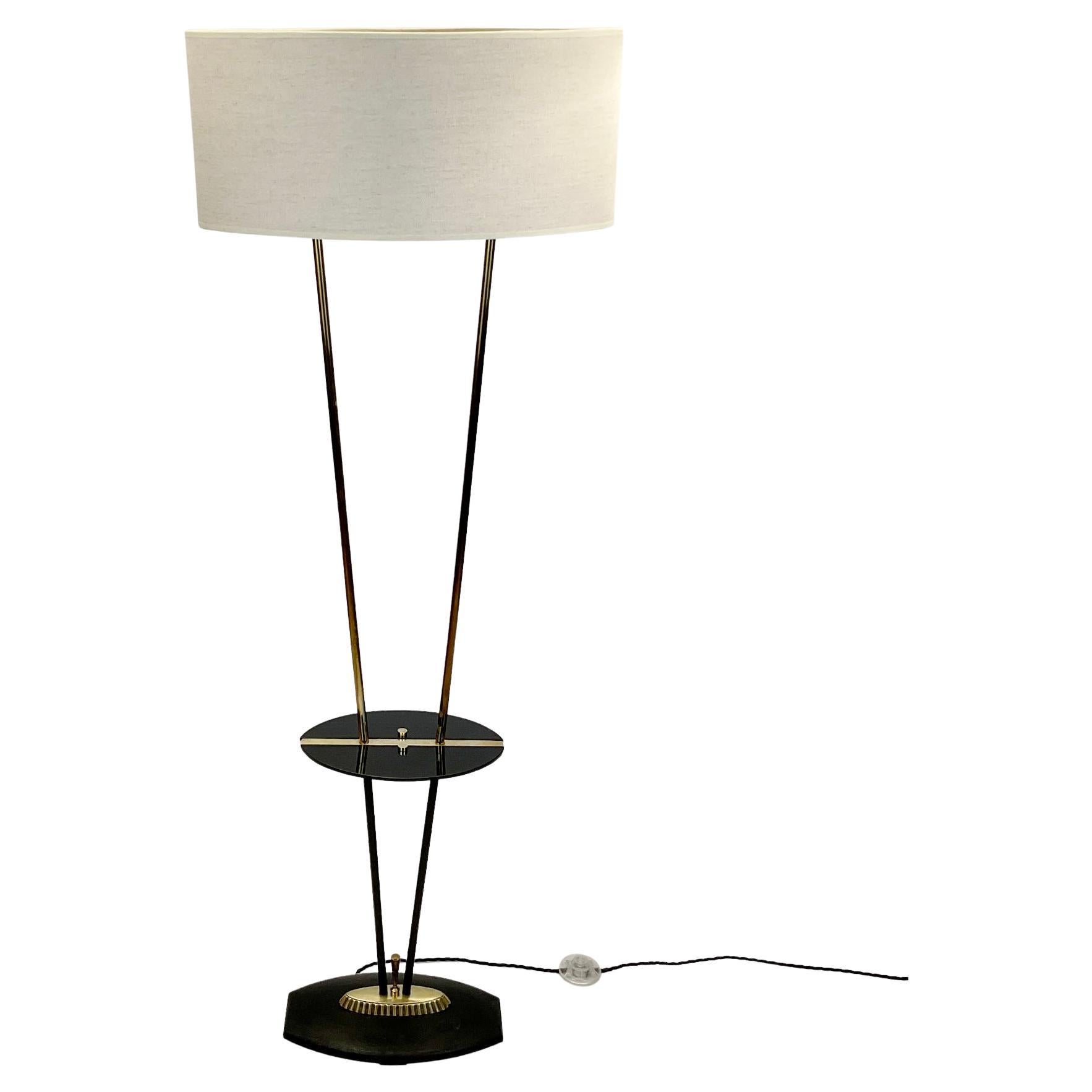 1950s Floor Lamp with Black Opaline Side Table Attributed to Maison Lunel 