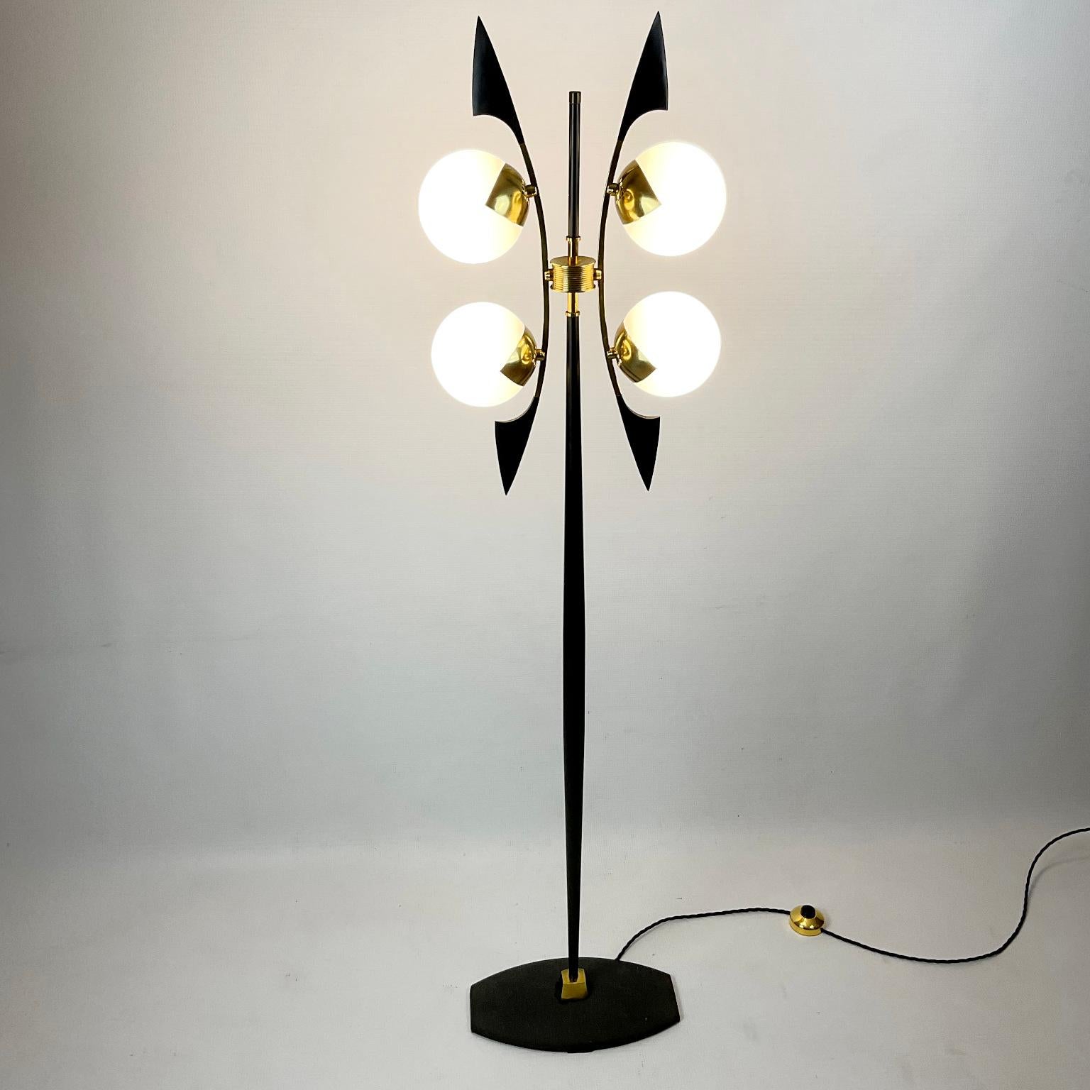 Mid-Century Modern 1950s Floor Lamp Edited by Maison Arlus with Four Globes and Brass Saber Finish For Sale