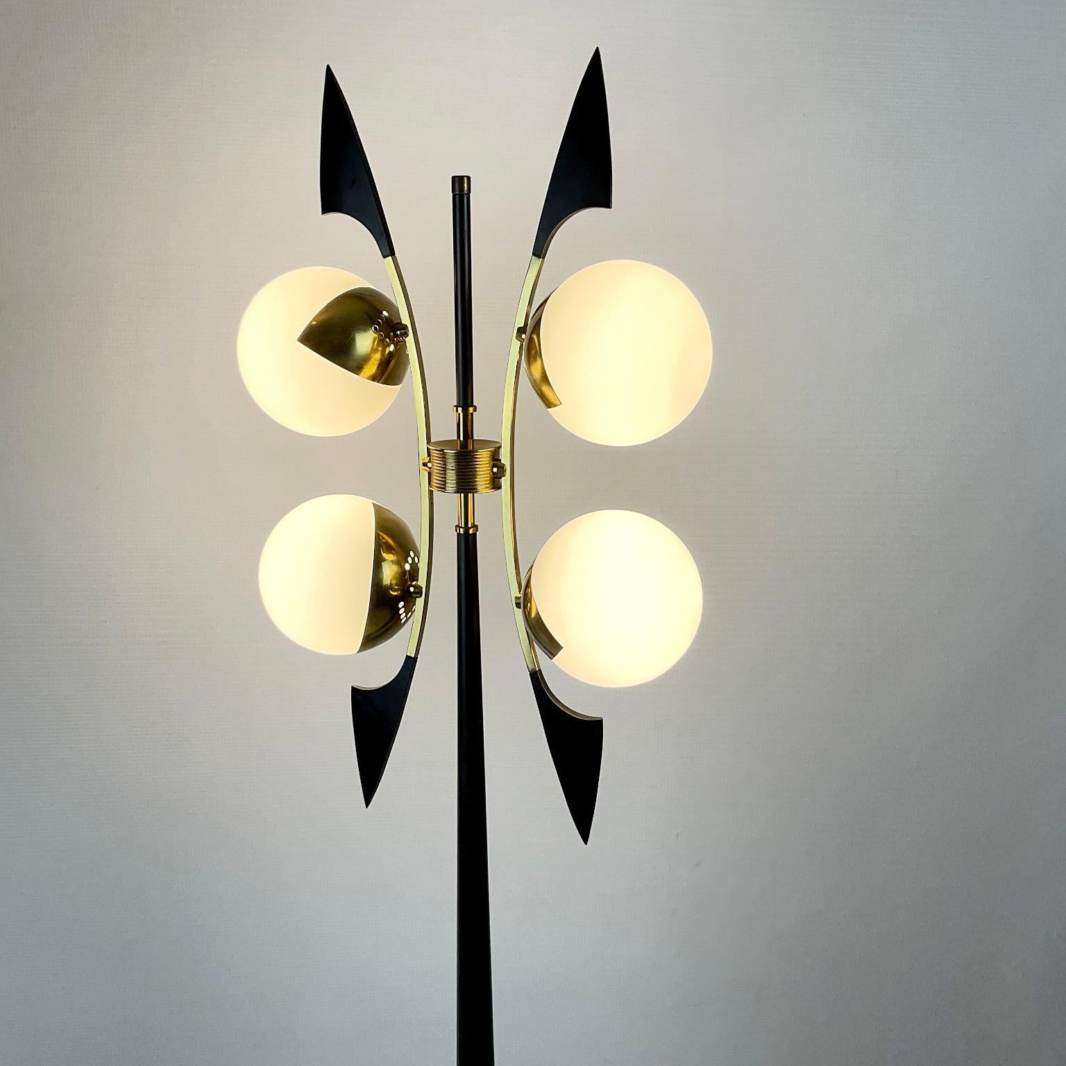 French 1950s Floor Lamp Edited by Maison Arlus with Four Globes and Brass Saber Finish For Sale