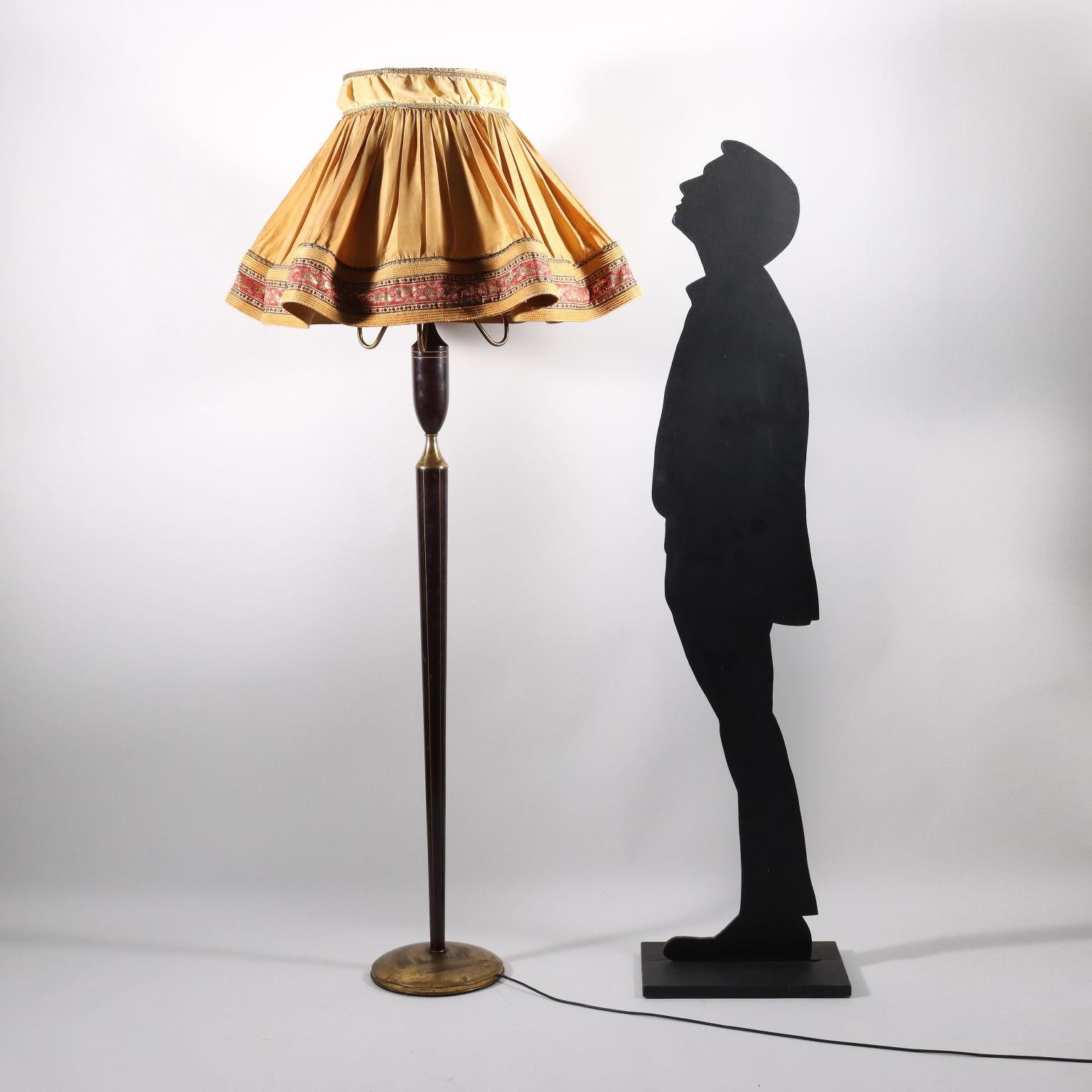 Floor lamp, brass, stained wood, fabric lampshade.