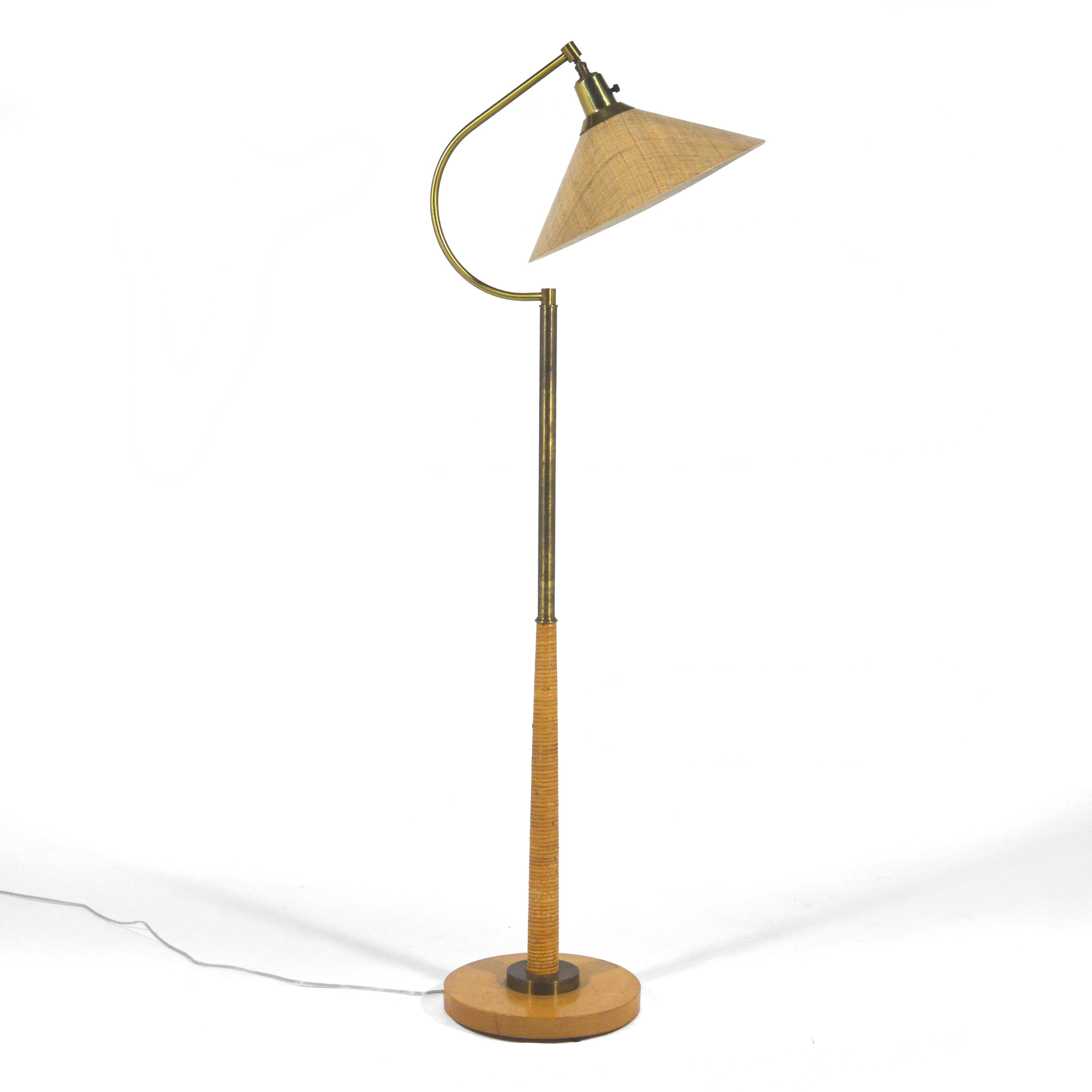American 1950s Floor Lamp in Brass and Cane