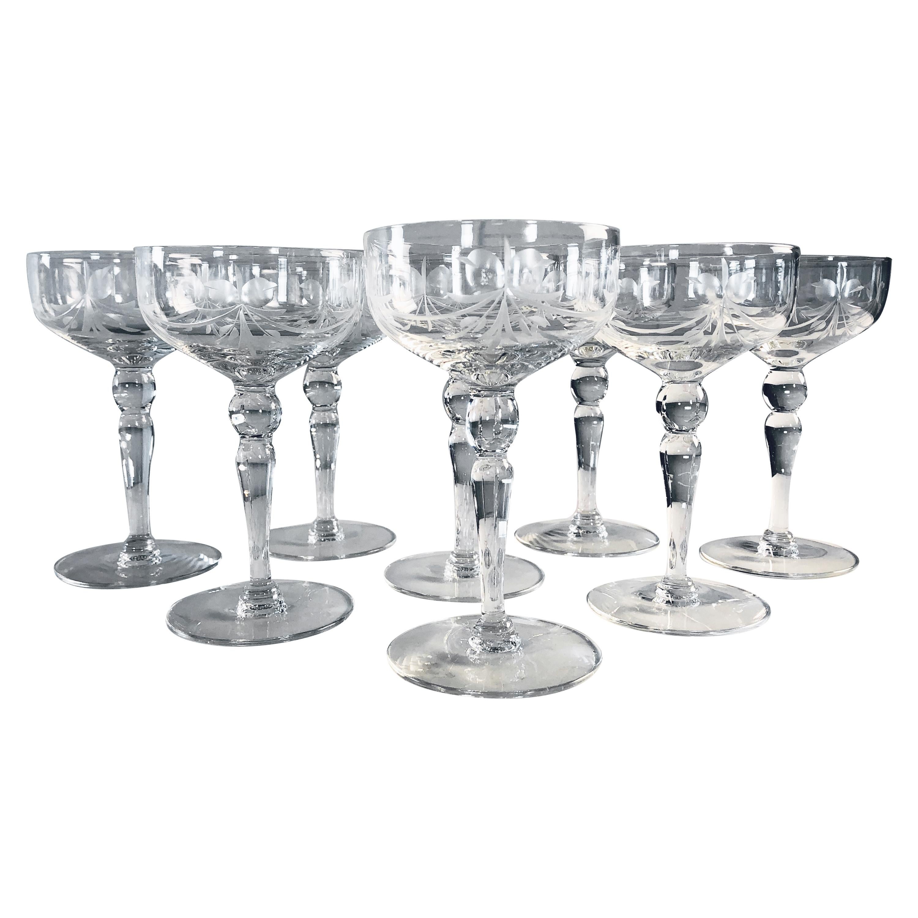 1950s Floral and Bow Tie Etched Glass Coupes, Set of 8 For Sale