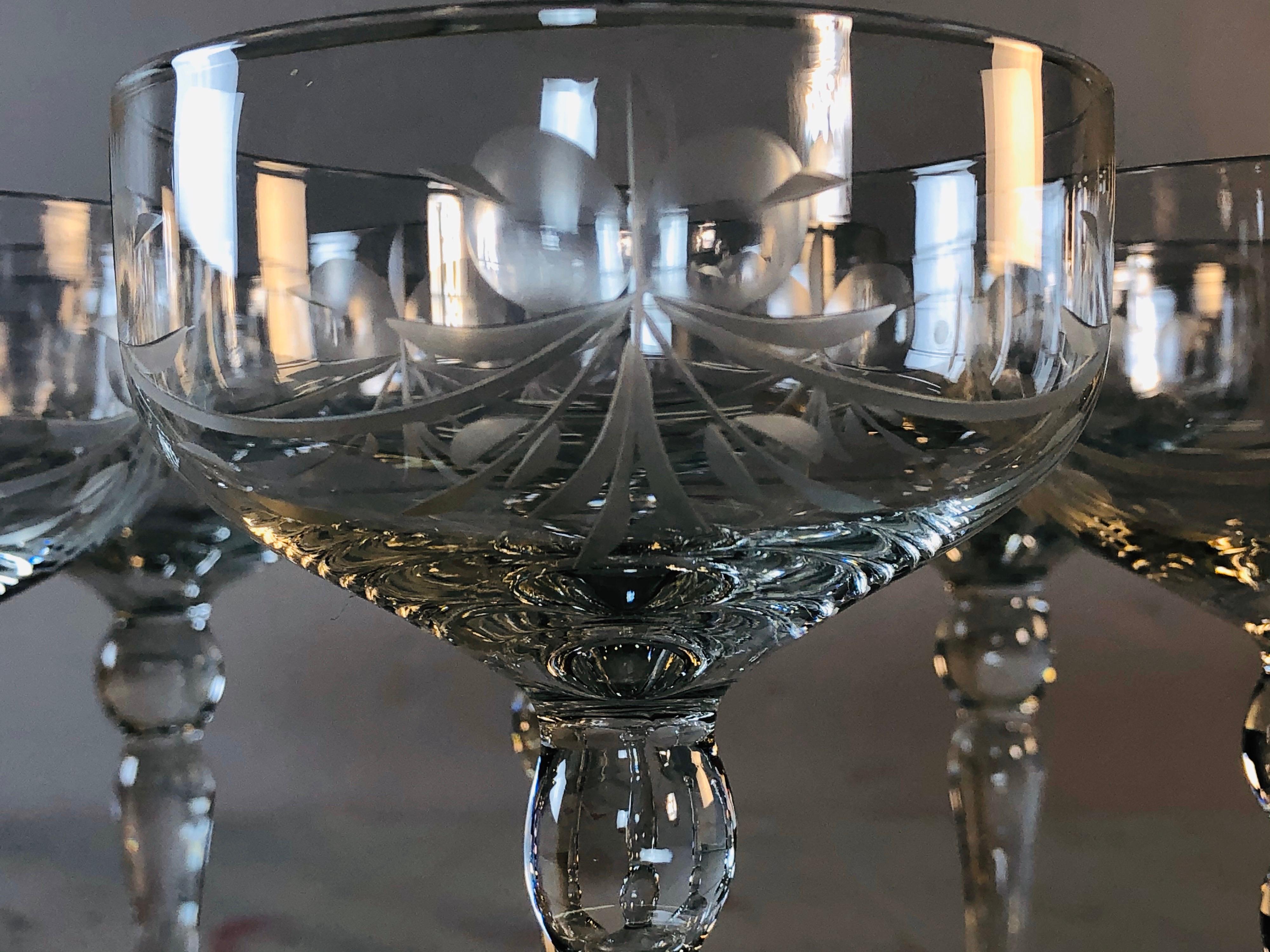 Mid-Century Modern 1950s Floral and Bow Tie Etched Glass Coupes, Set of 8 For Sale