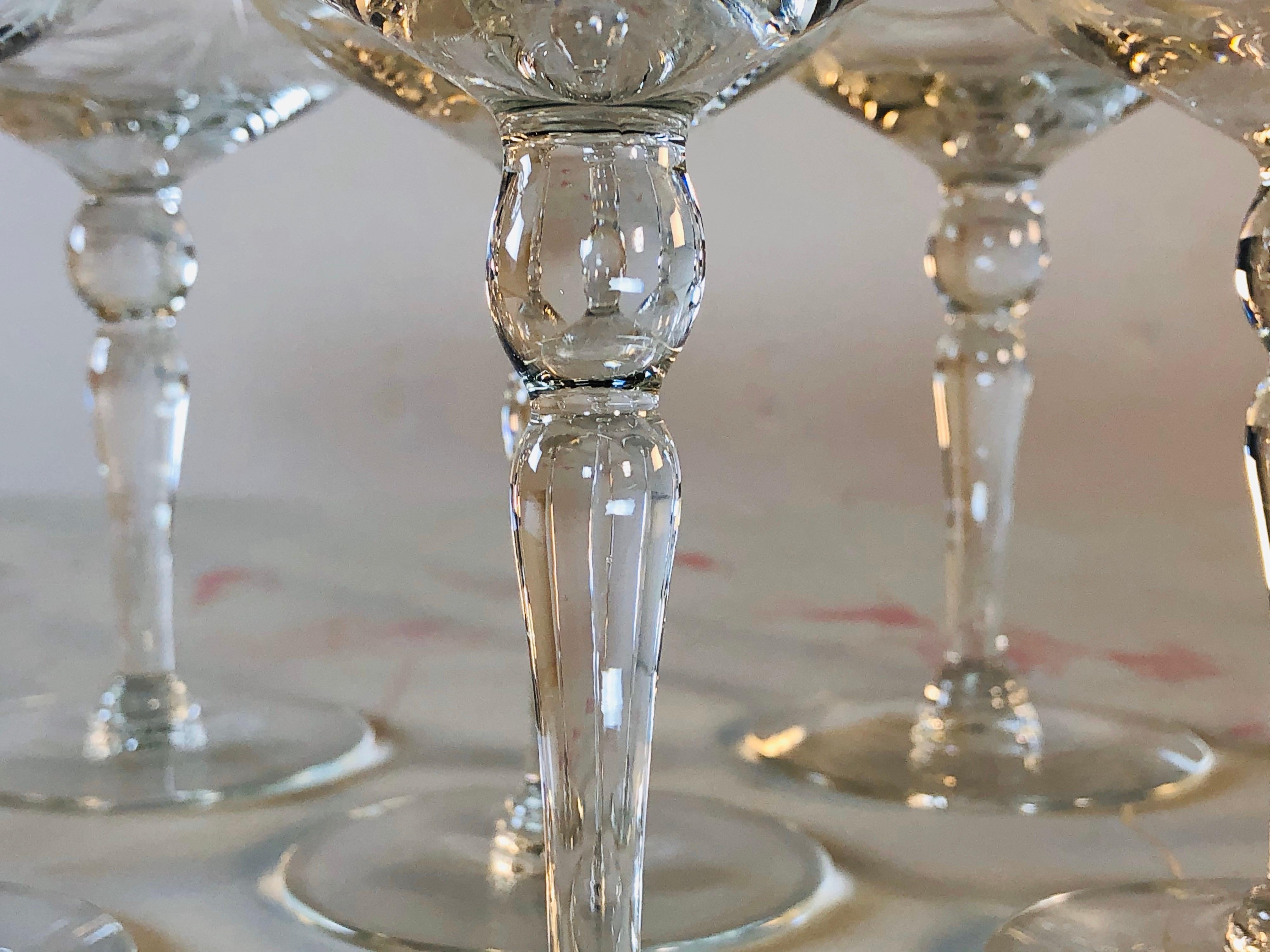 American 1950s Floral and Bow Tie Etched Glass Coupes, Set of 8 For Sale