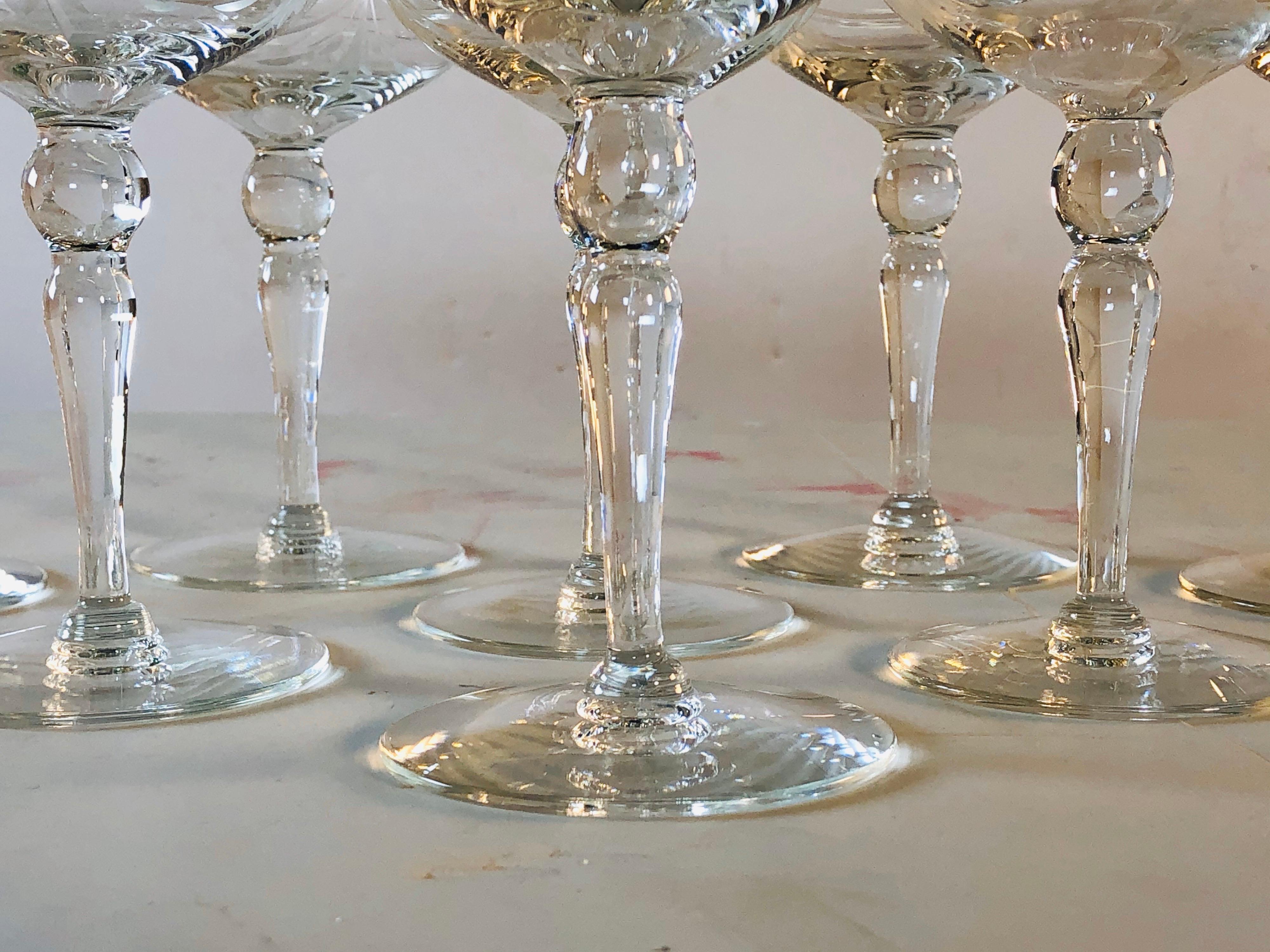 1950s Floral and Bow Tie Etched Glass Coupes, Set of 8 For Sale 1