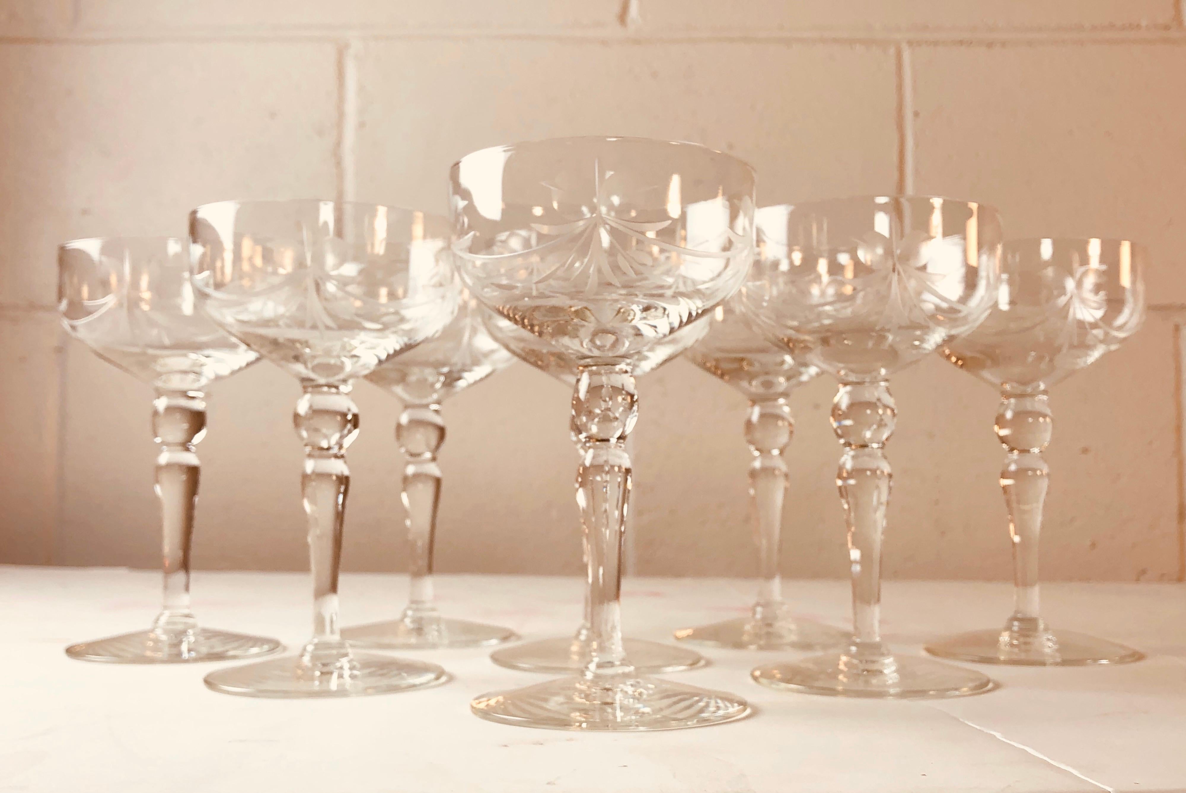 1950s Floral and Bow Tie Etched Glass Coupes, Set of 8 For Sale 2