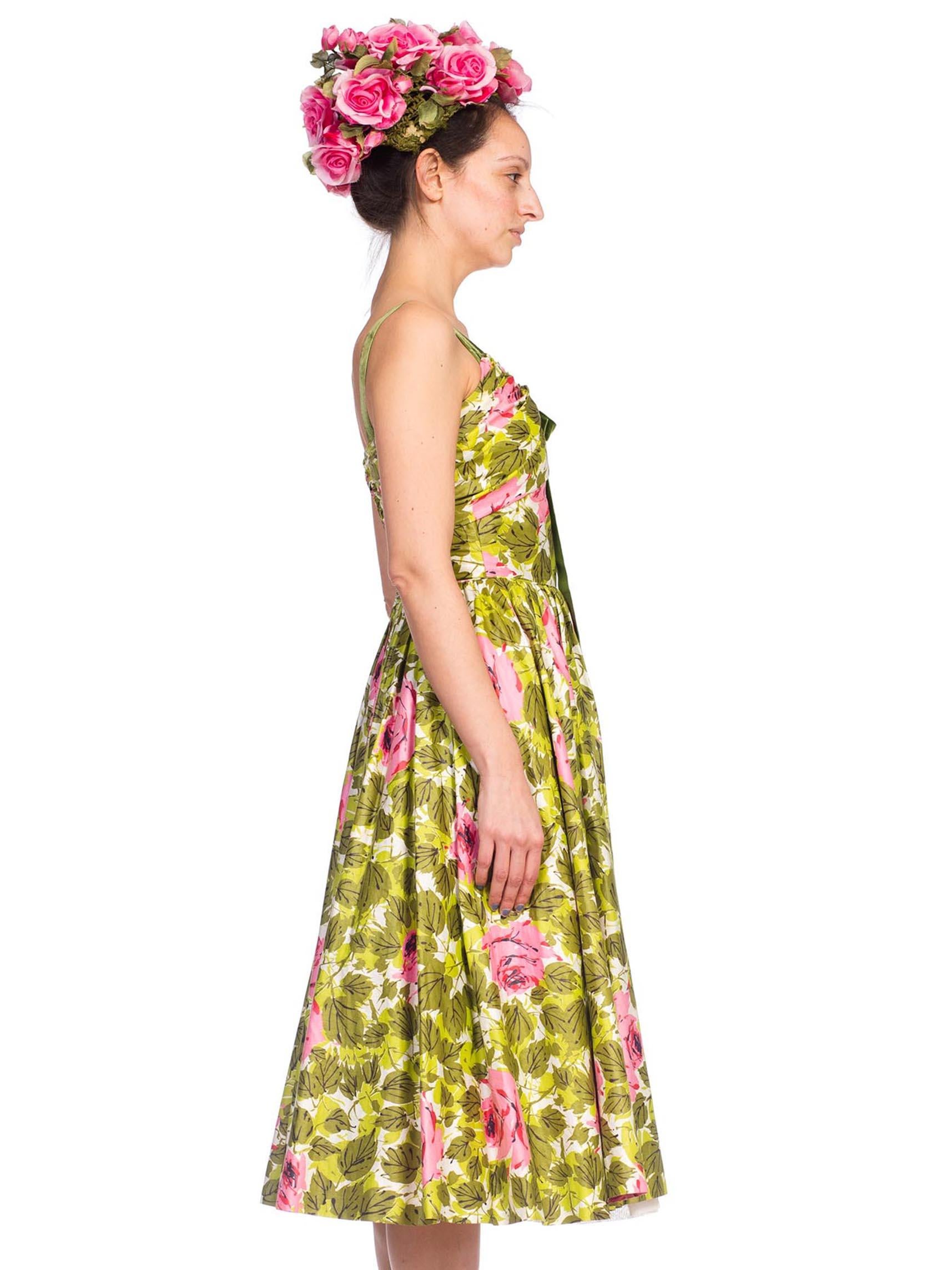 Beige 1950S Floral Cotton Sateen Rose Printed Circle Skirt Dress With Silk Flower Hat