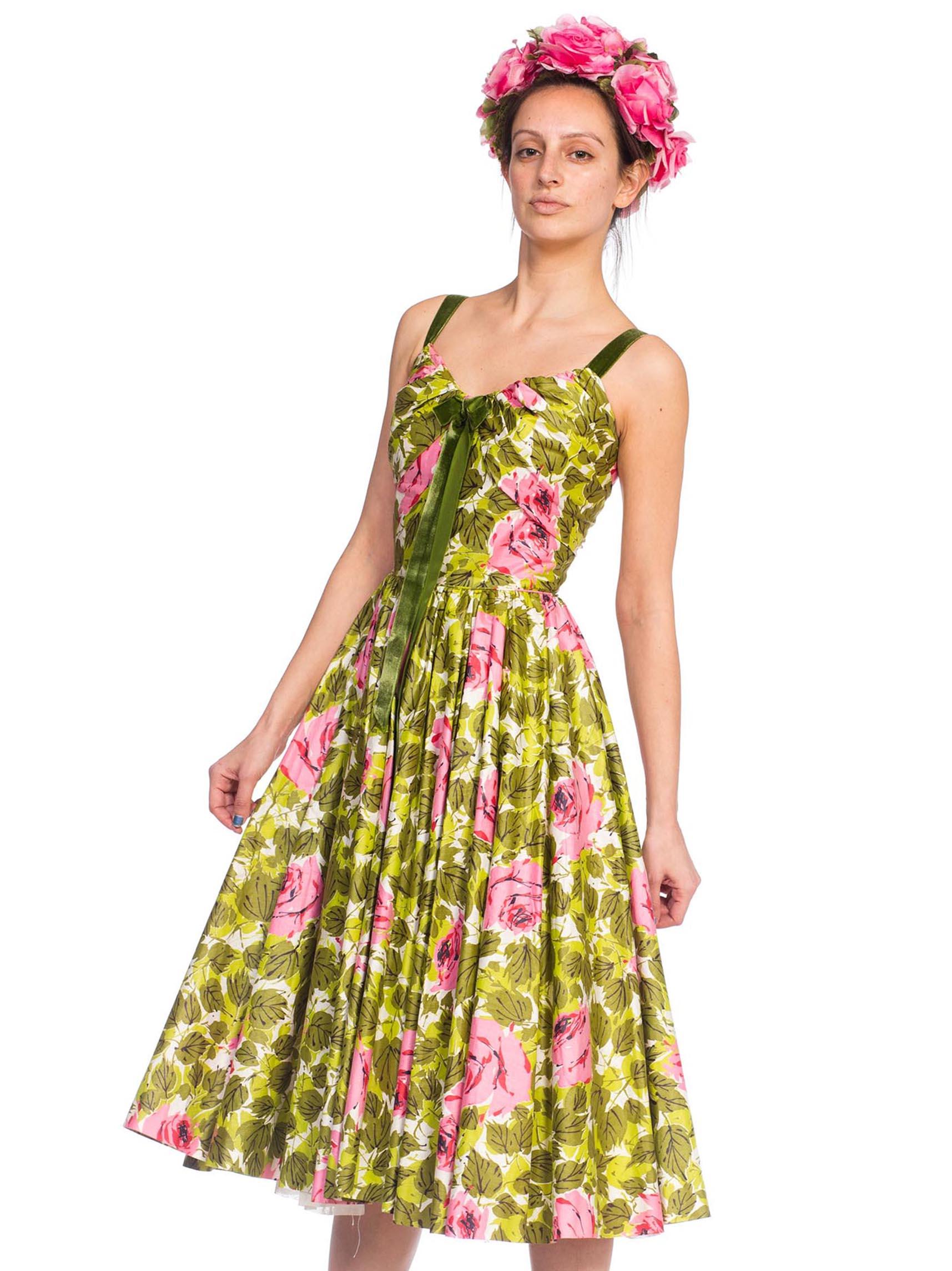 1950S Floral Cotton Sateen Rose Printed Circle Skirt Dress With Silk Flower Hat 1