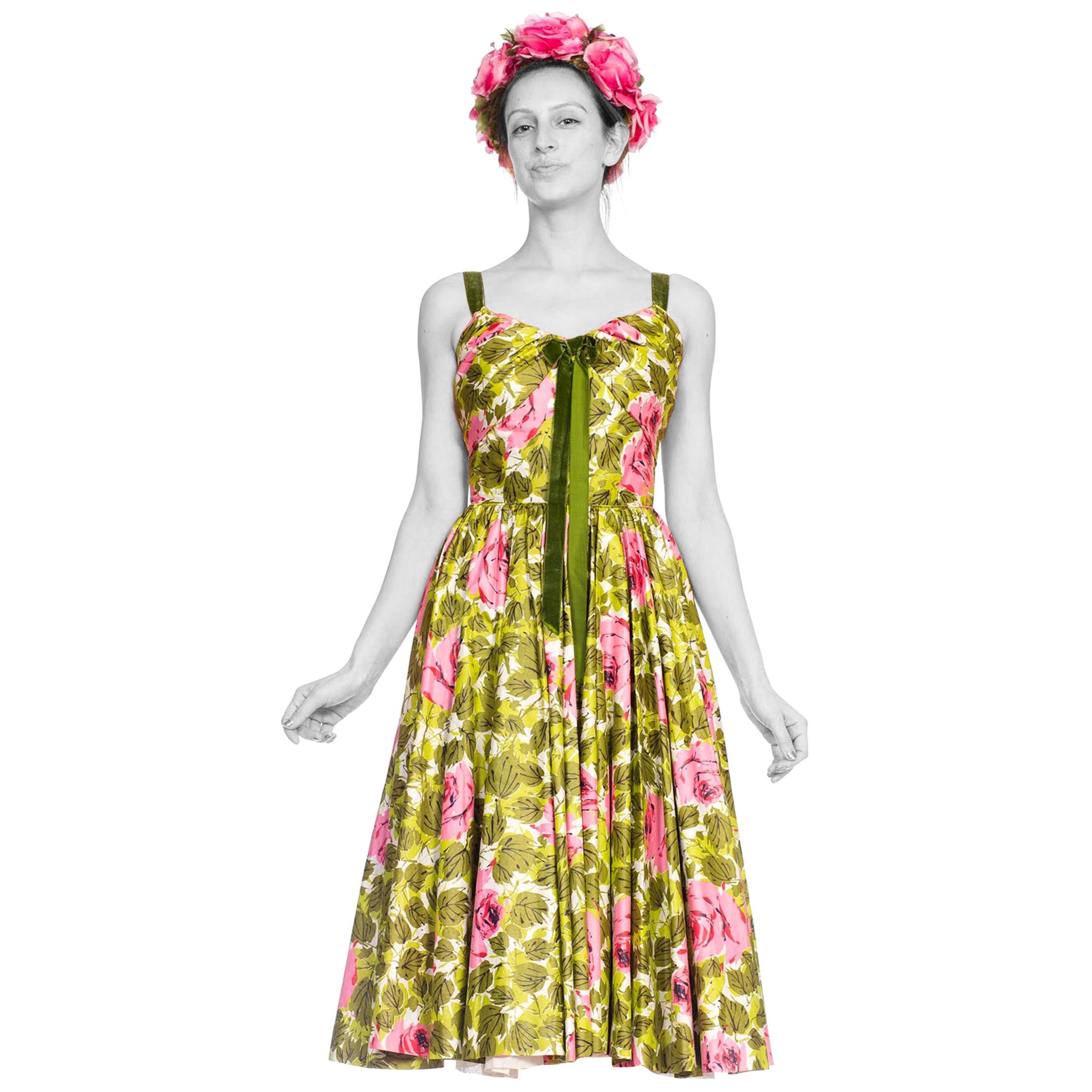 1950S Floral Cotton Sateen Rose Printed Circle Skirt Dress With Silk Flower Hat