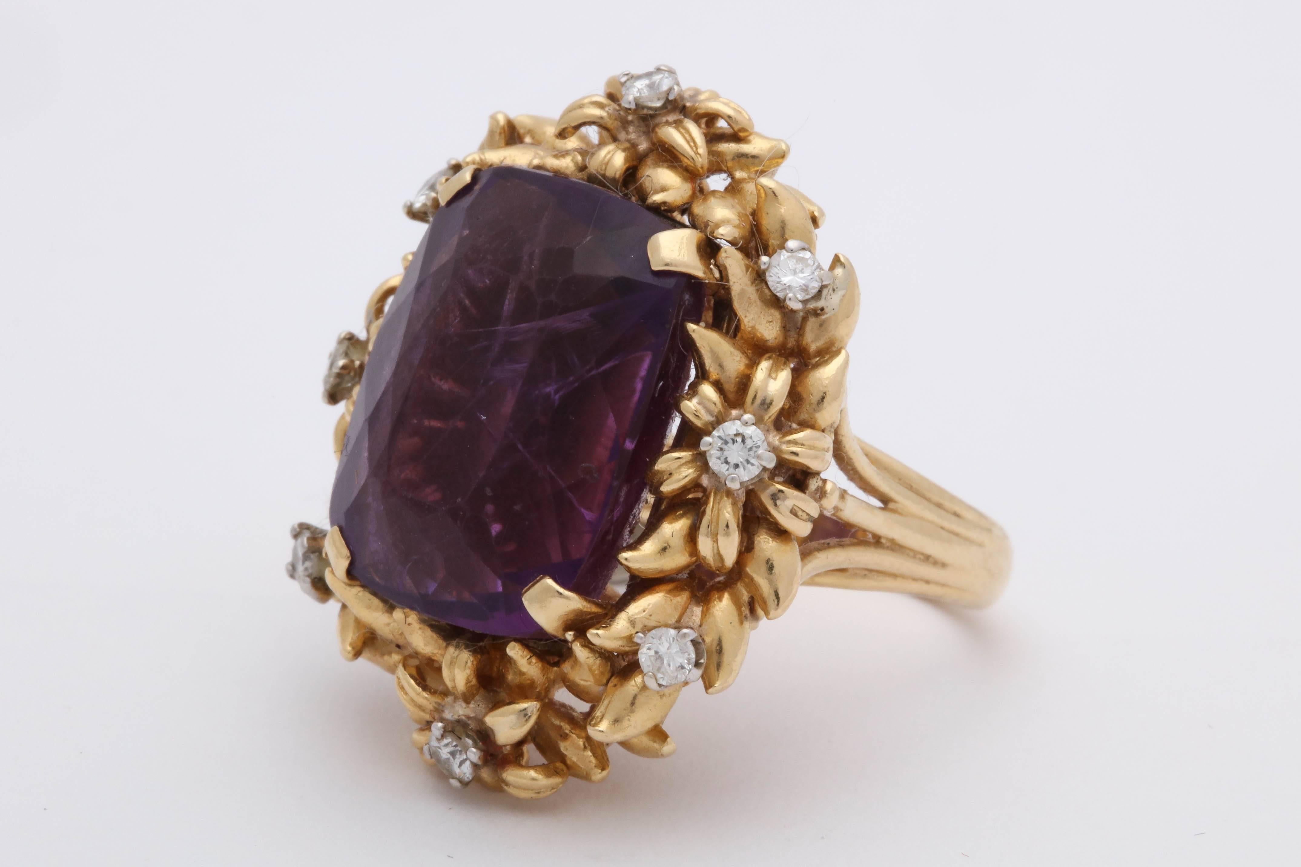 Emerald Cut 1950's Floral Design Amethyst With Diamonds Rope Setting Gold Cocktail Ring