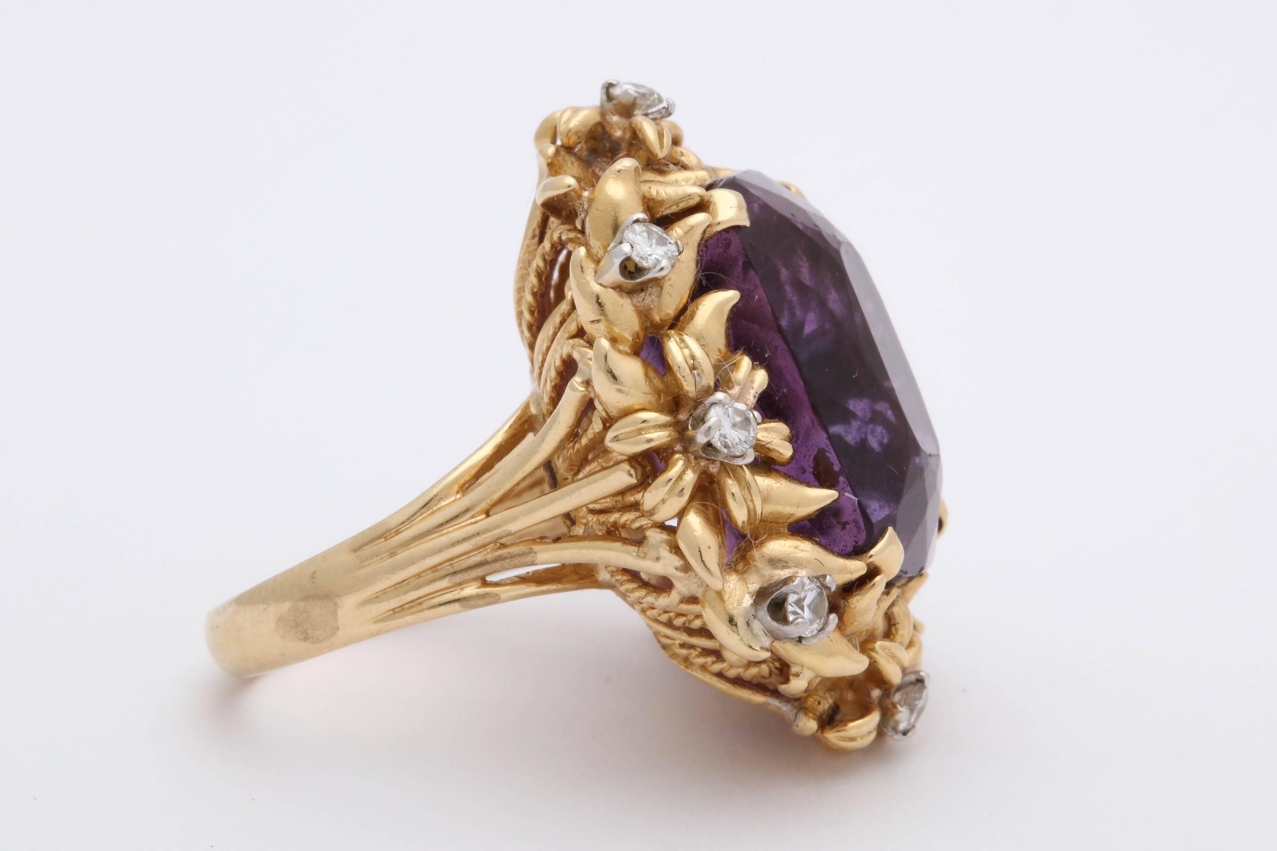 1950's Floral Design Amethyst With Diamonds Rope Setting Gold Cocktail Ring In Good Condition In New York, NY