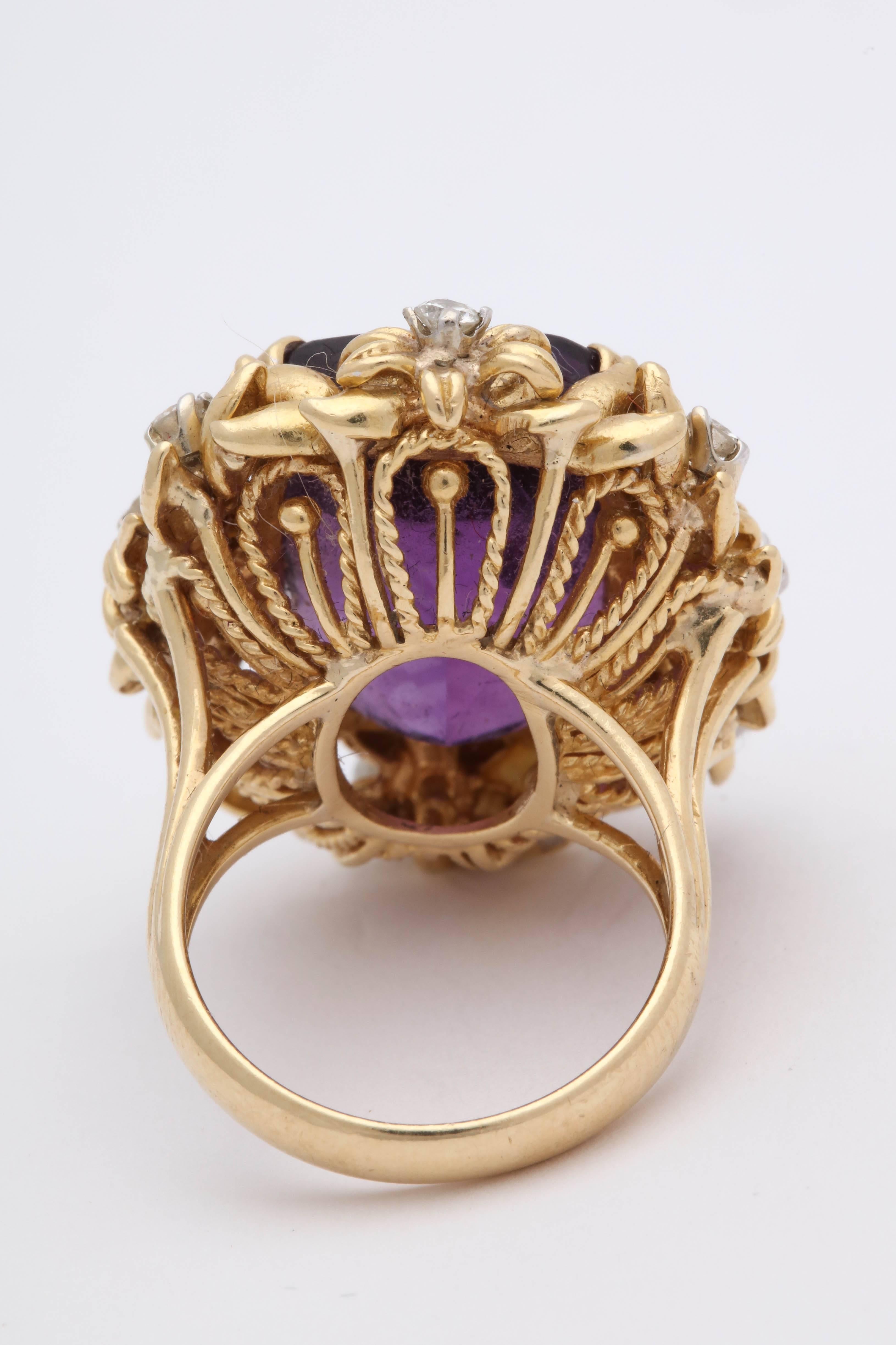 Women's 1950's Floral Design Amethyst With Diamonds Rope Setting Gold Cocktail Ring