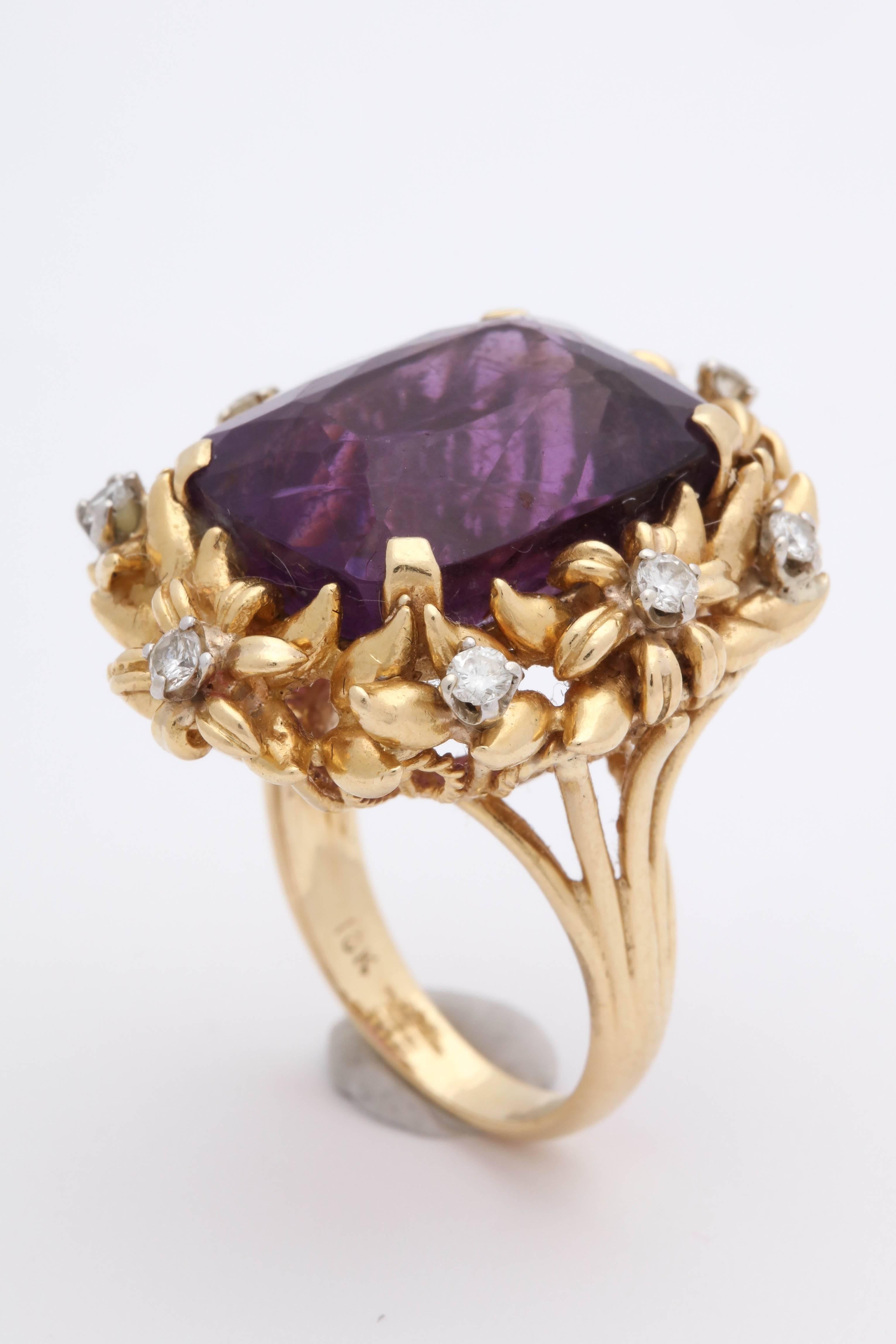 1950's Floral Design Amethyst With Diamonds Rope Setting Gold Cocktail Ring 1