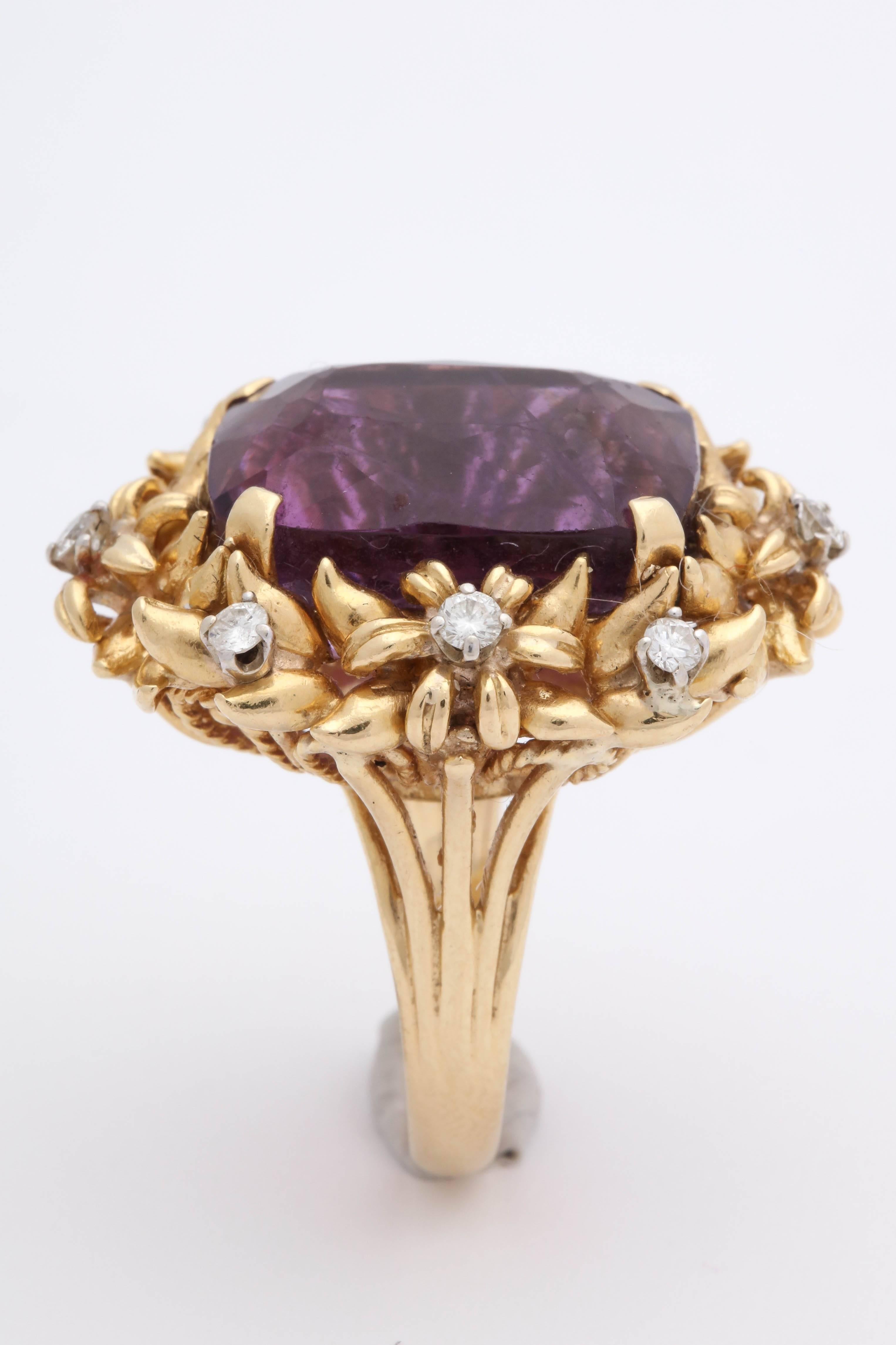 1950's Floral Design Amethyst With Diamonds Rope Setting Gold Cocktail Ring 2