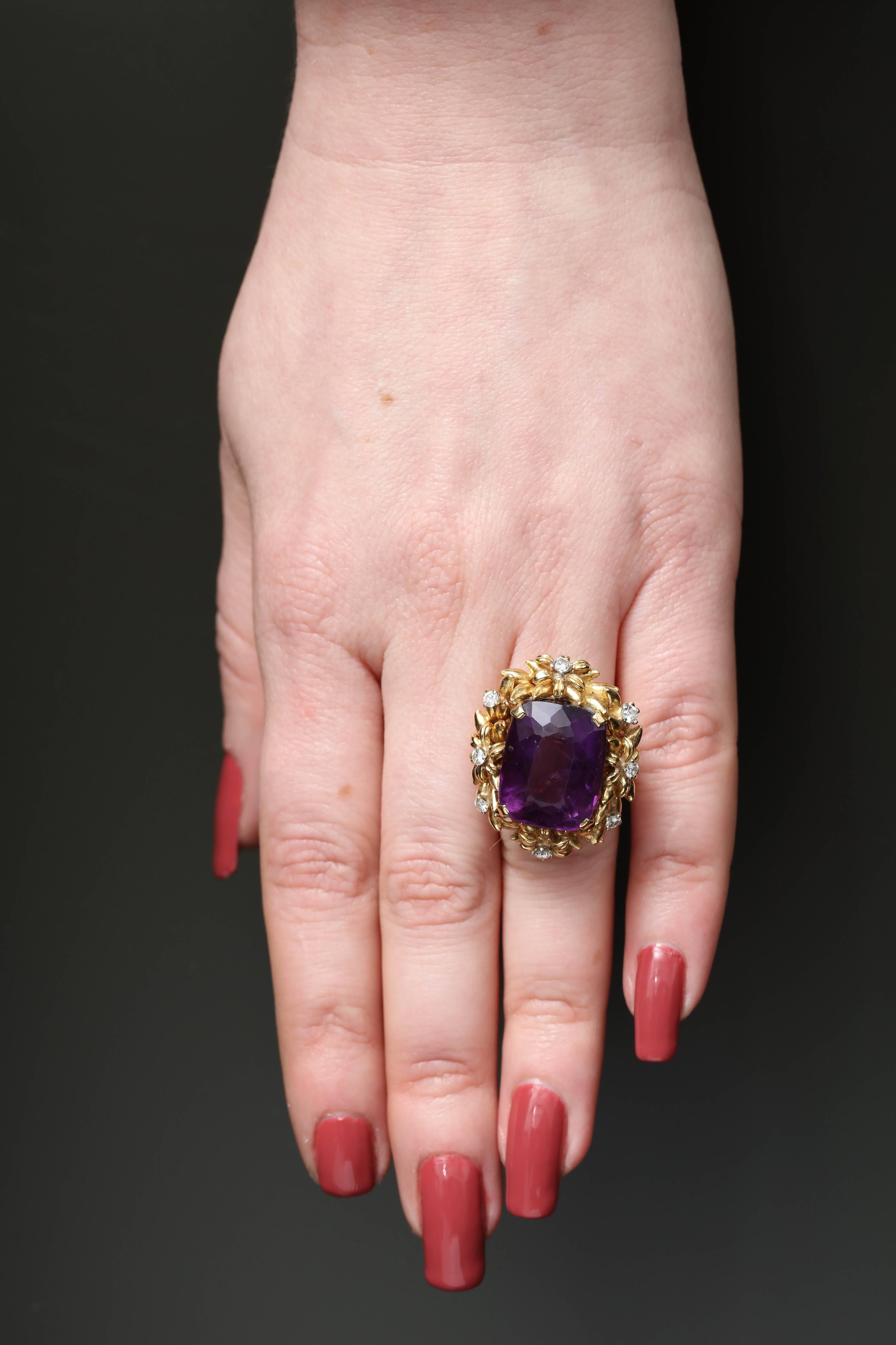1950's Floral Design Amethyst With Diamonds Rope Setting Gold Cocktail Ring 4