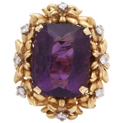 1950's Floral Design Amethyst With Diamonds Rope Setting Gold Cocktail Ring