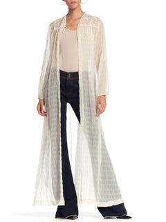 1950S White Sheer Nylon Plissé Duster Robe With Lace Trim