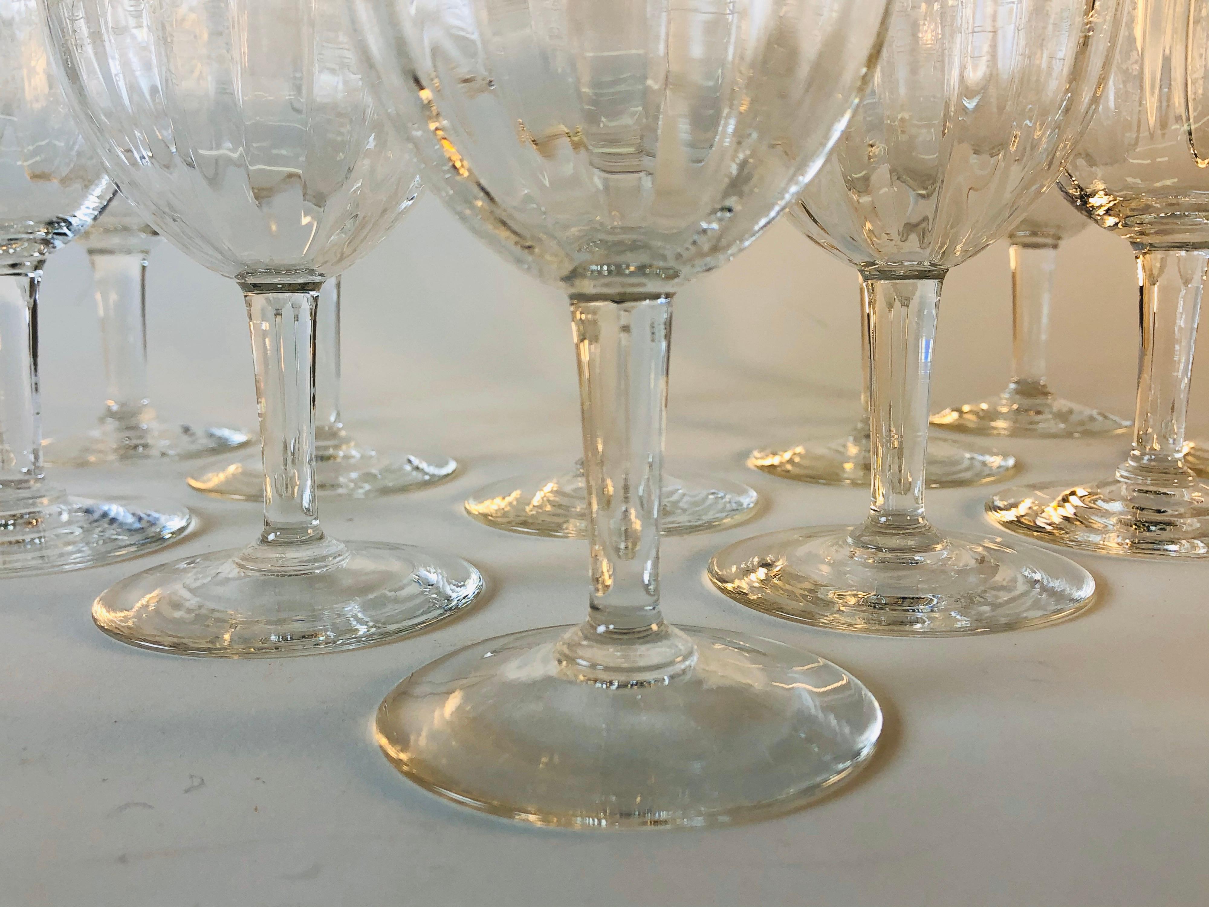 Mid-Century Modern 1950s Floral Etched Glass Wine Stems, Set of 12 For Sale