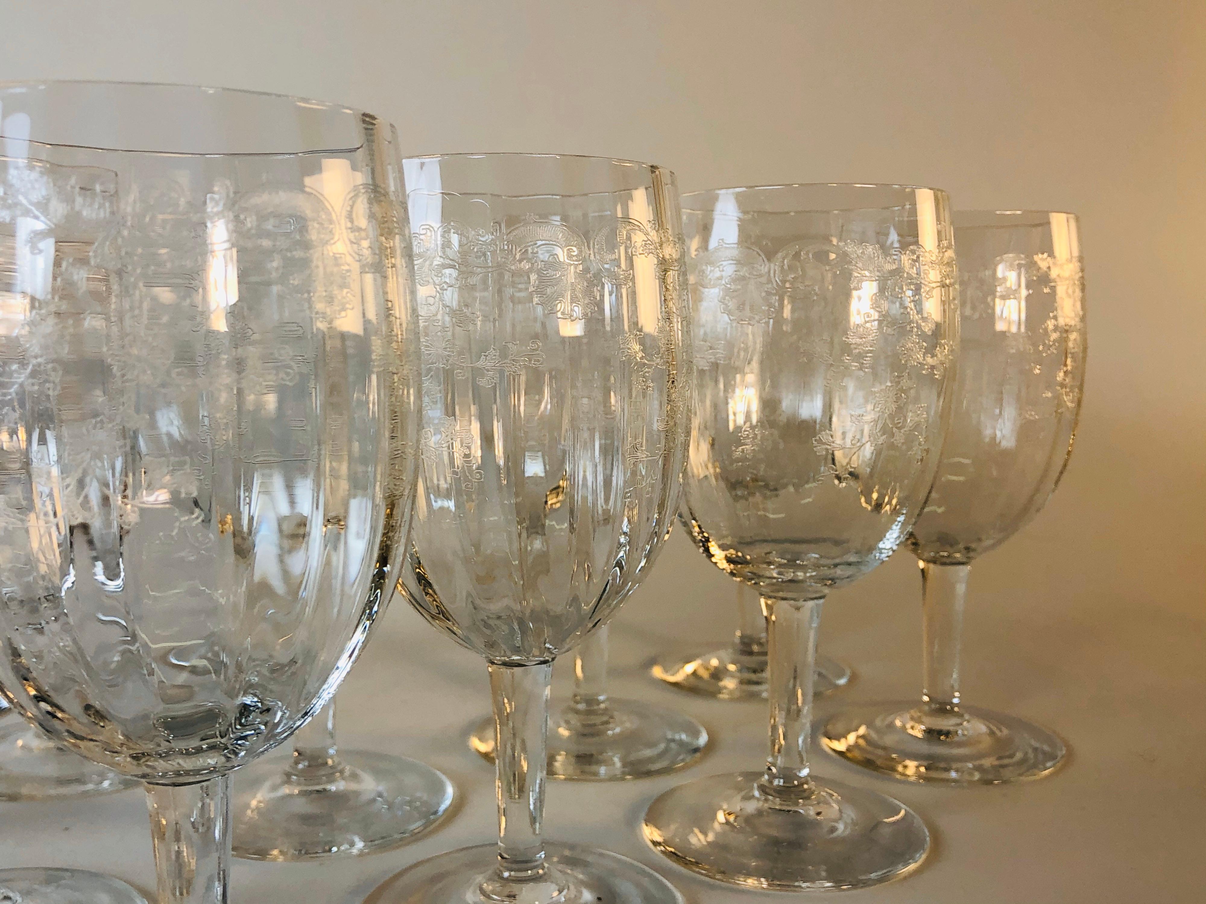 American 1950s Floral Etched Glass Wine Stems, Set of 12 For Sale