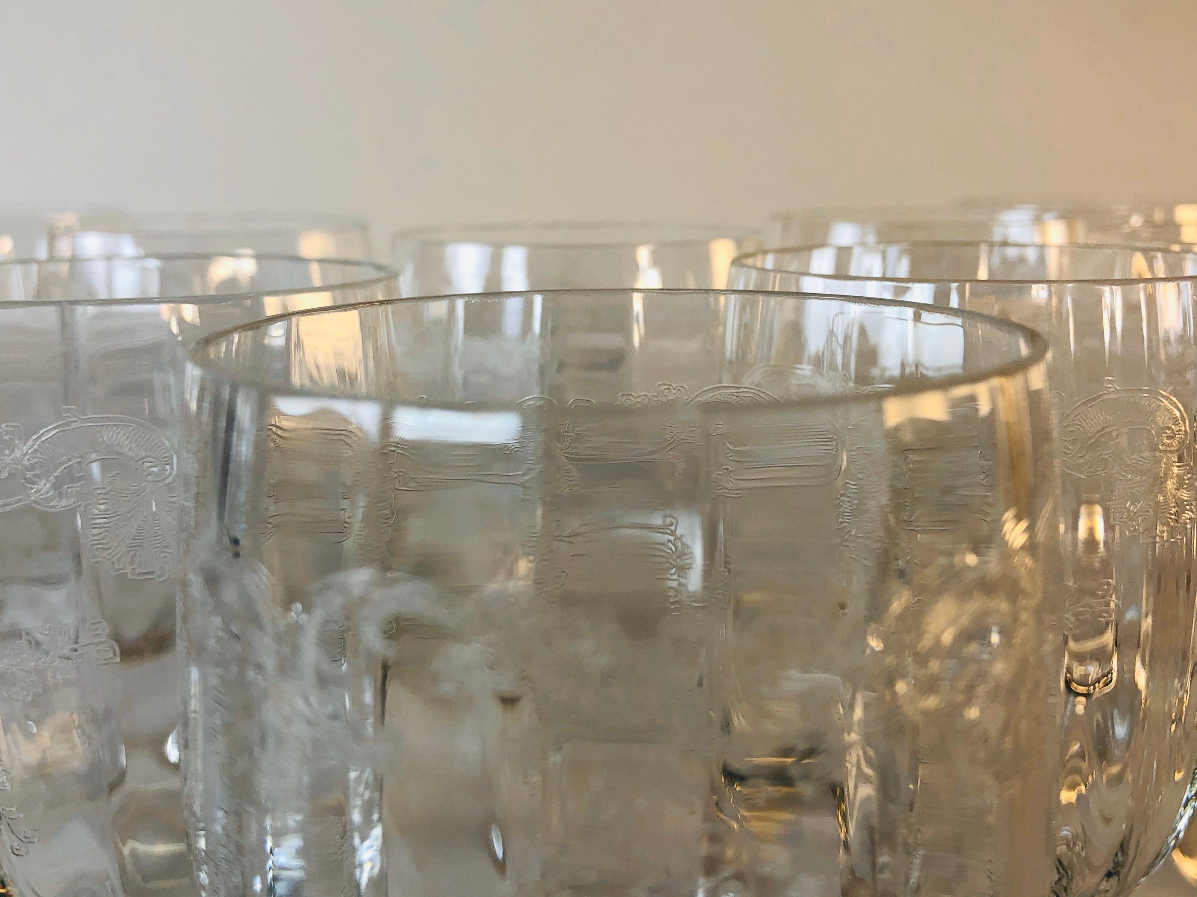 1950s Floral Etched Glass Wine Stems, Set of 12 In Good Condition For Sale In Amherst, NH