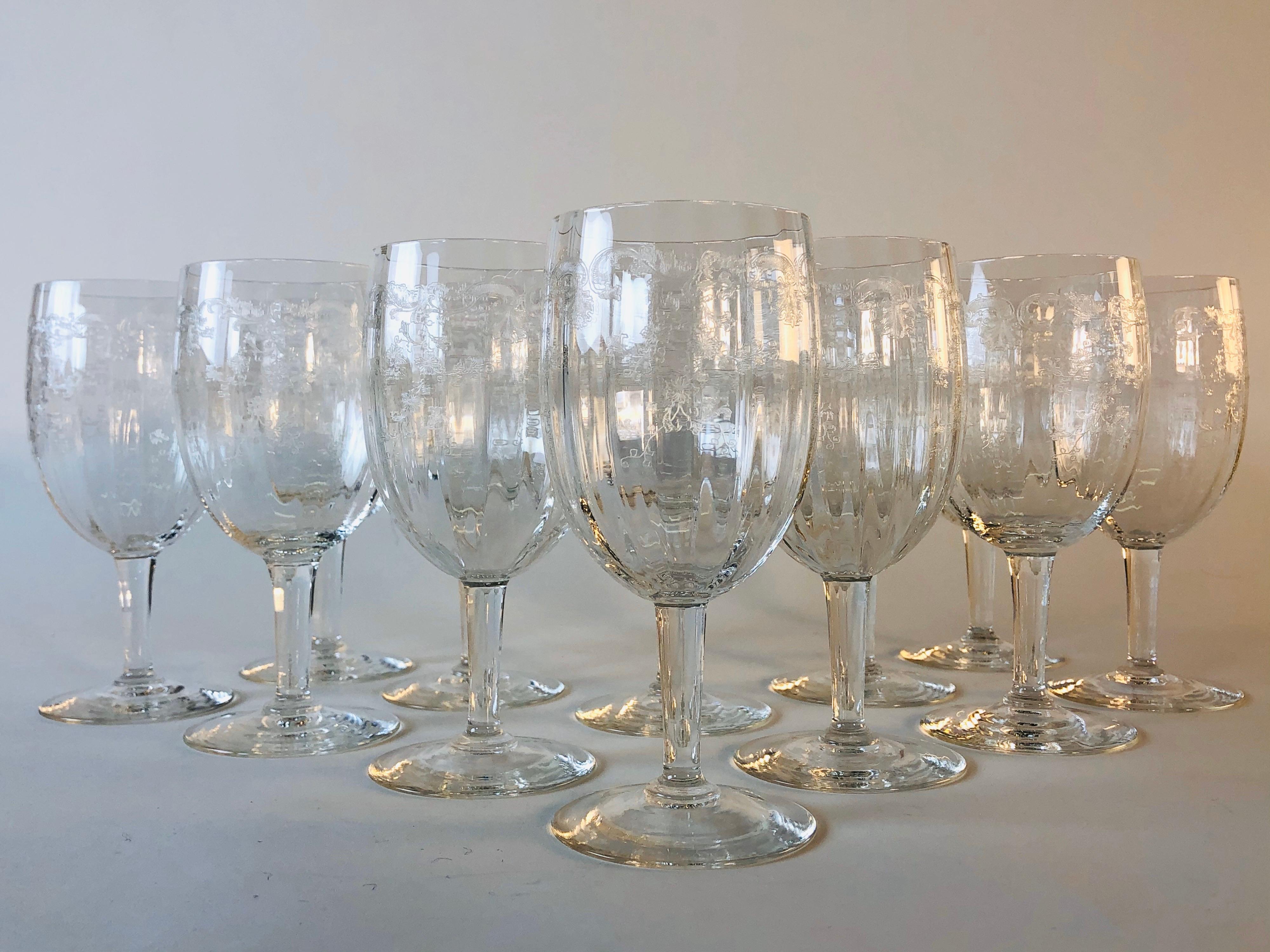 20th Century 1950s Floral Etched Glass Wine Stems, Set of 12 For Sale