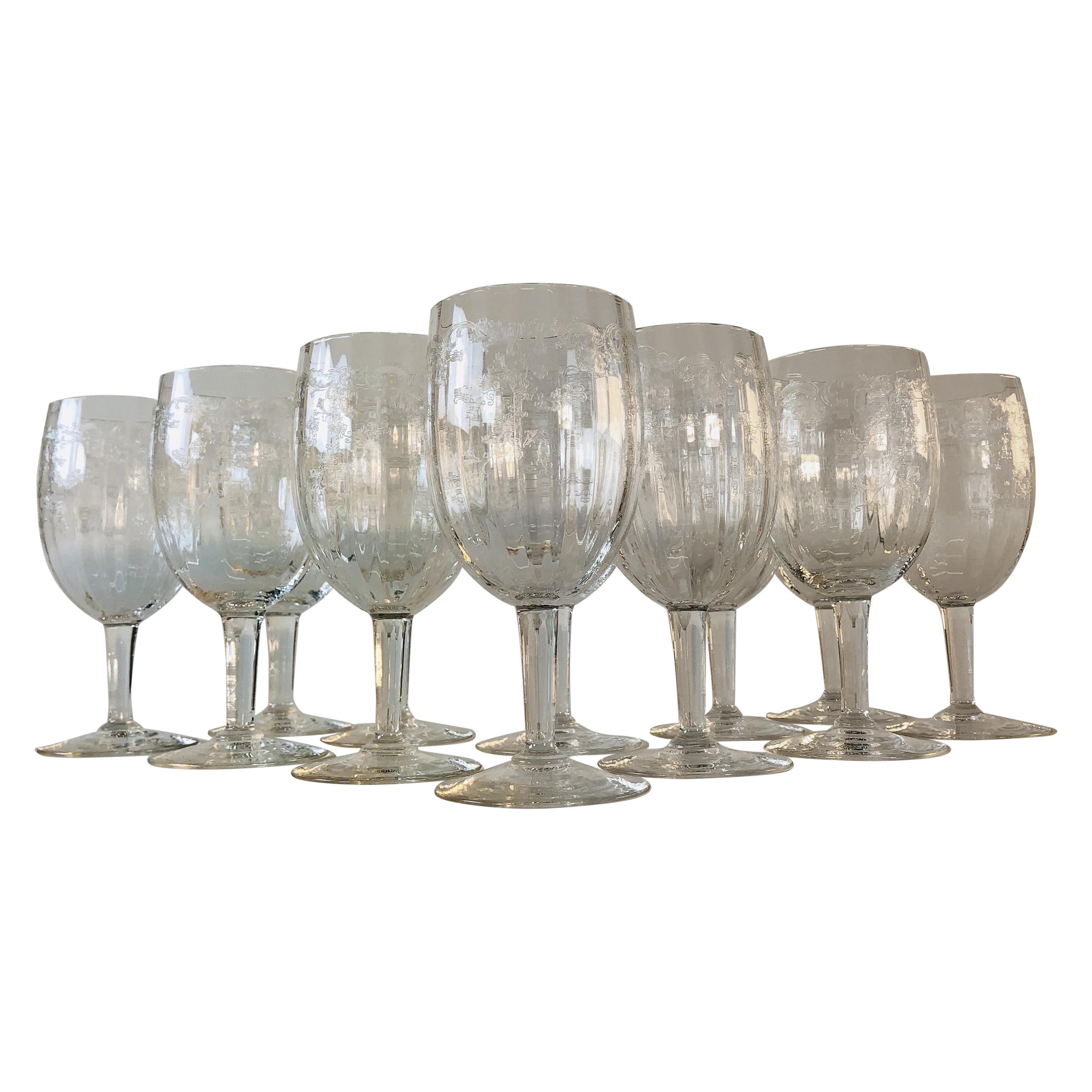 1950s Floral Etched Glass Wine Stems, Set of 12 For Sale
