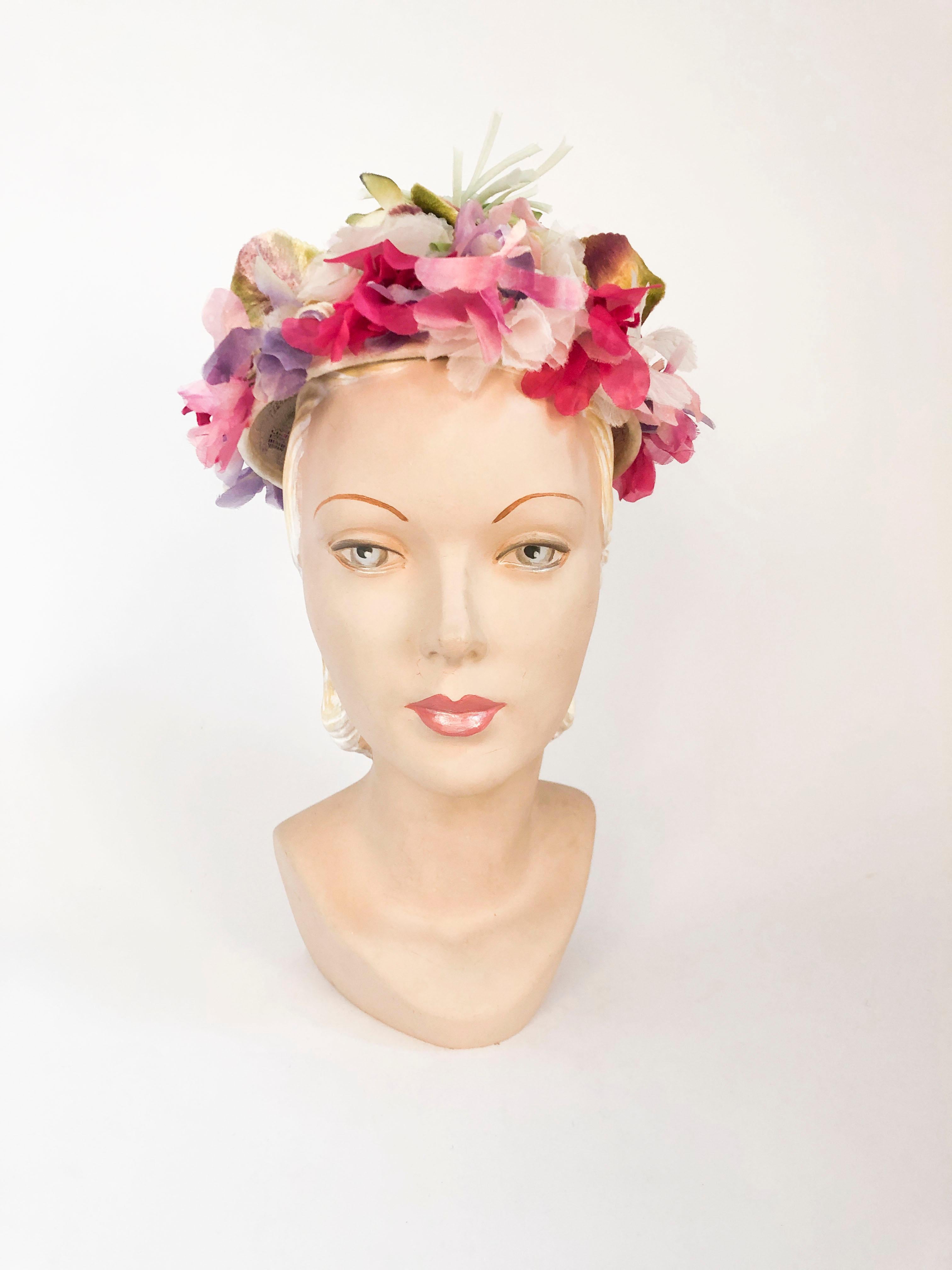 Gray 1950s Floral Hat with Silk Velvet Flowers and Tubular Organza Steam