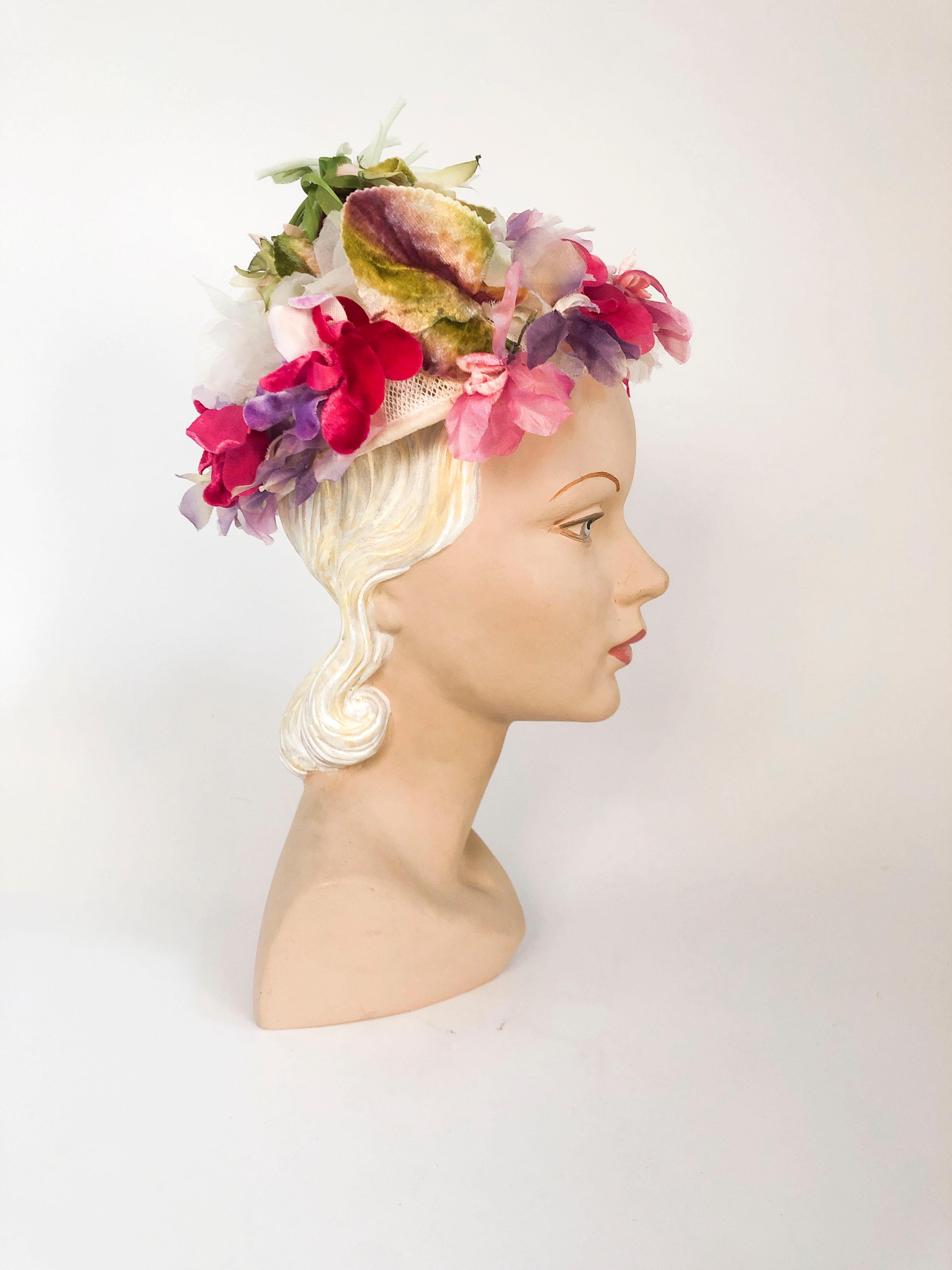 1950s Floral Hat with Silk Velvet Flowers and Tubular Organza Steam In Good Condition In San Francisco, CA