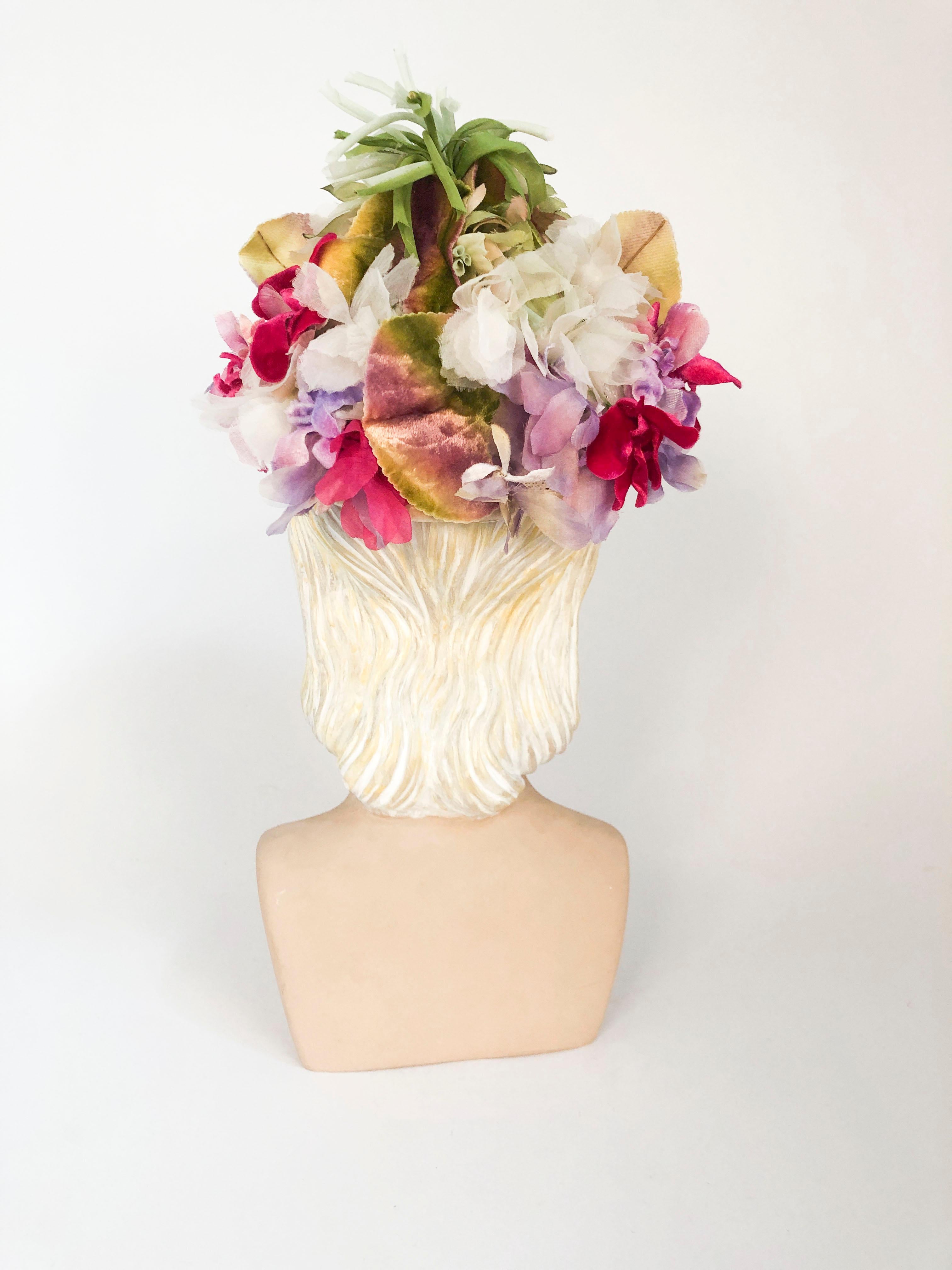 Women's 1950s Floral Hat with Silk Velvet Flowers and Tubular Organza Steam