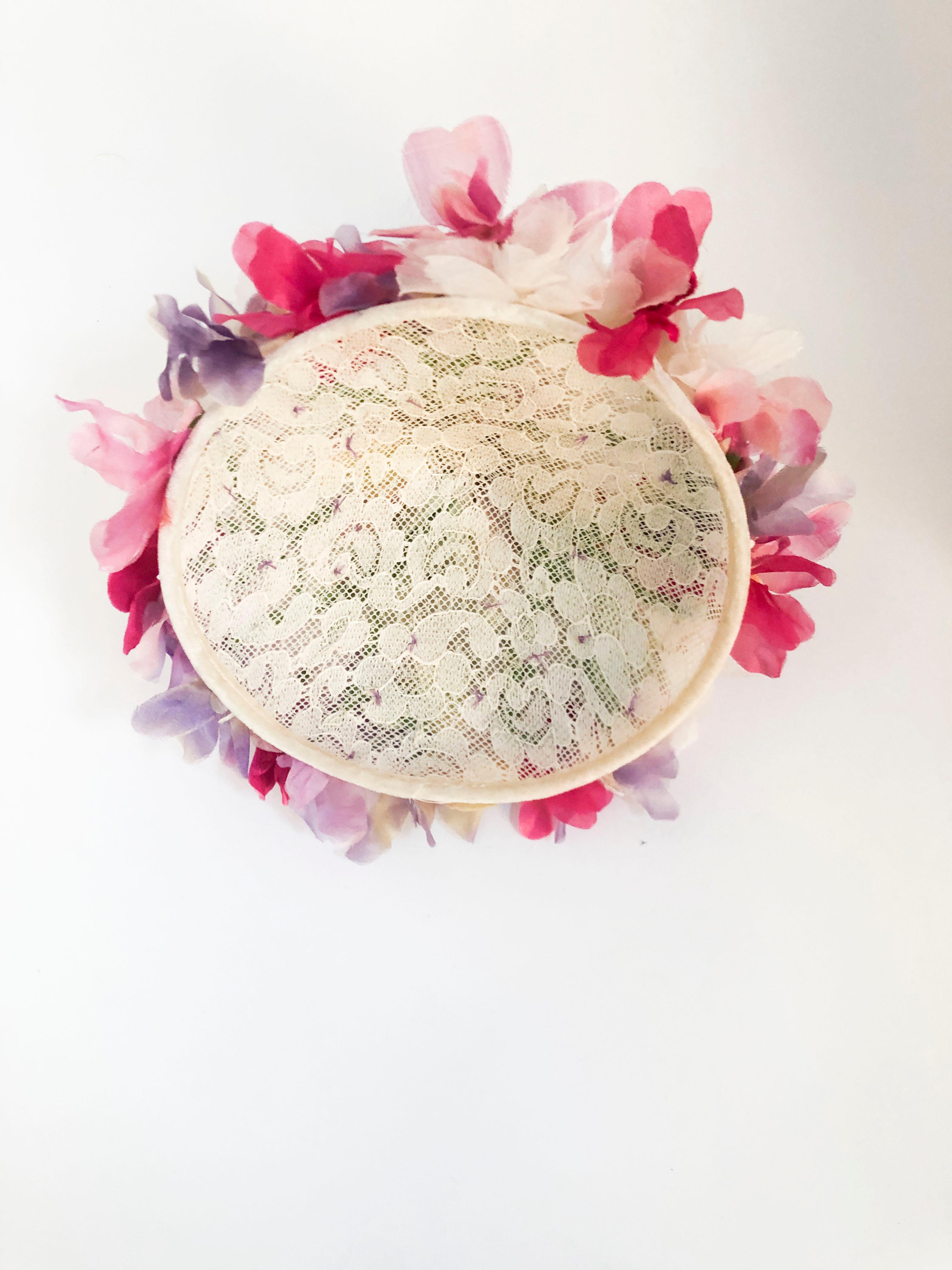 1950s Floral Hat with Silk Velvet Flowers and Tubular Organza Steam 2