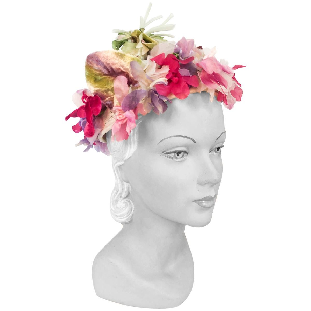 1950s Floral Hat with Silk Velvet Flowers and Tubular Organza Steam