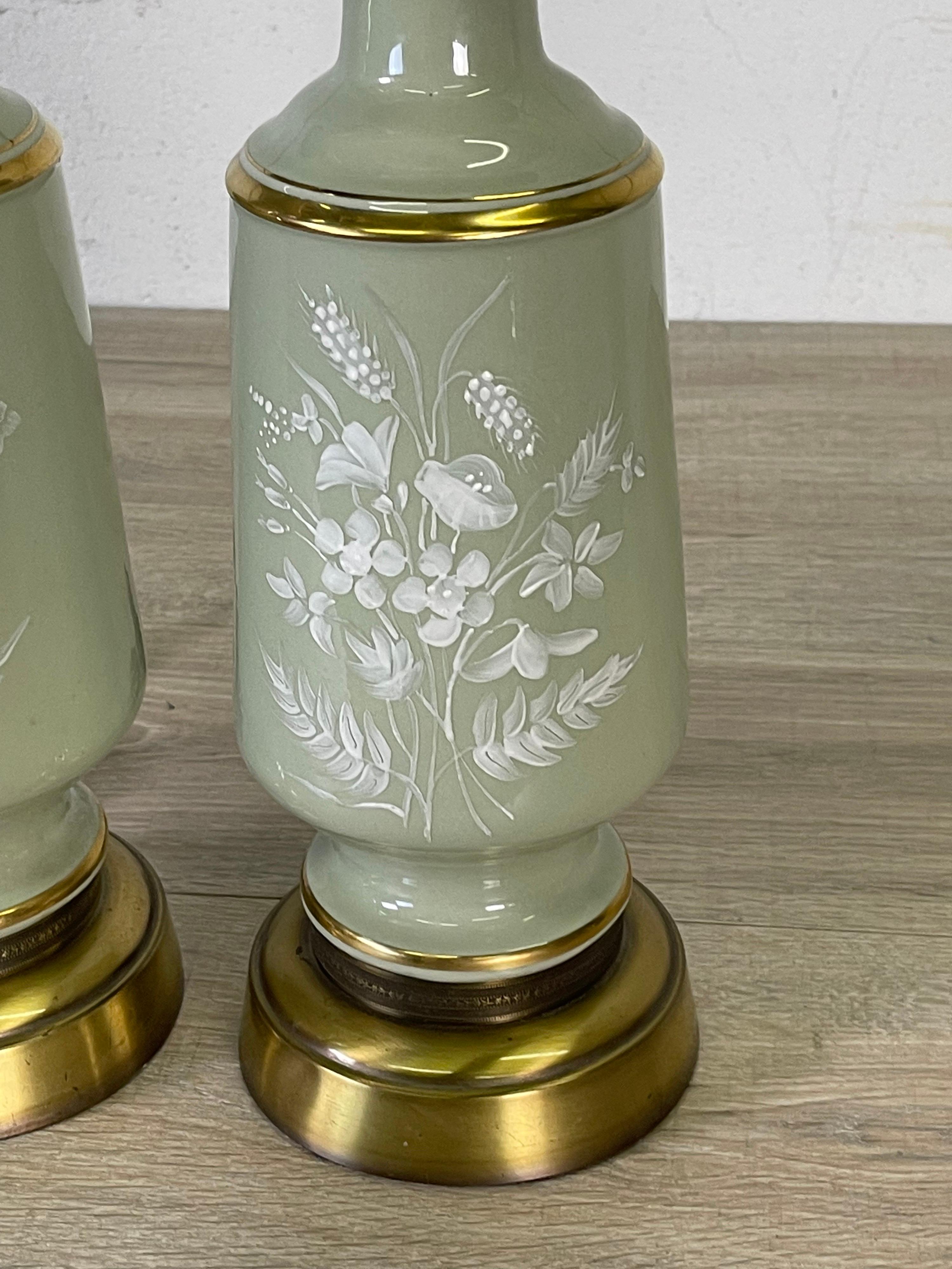 1950s Floral Painted Table Lamps, Pair In Good Condition For Sale In Amherst, NH