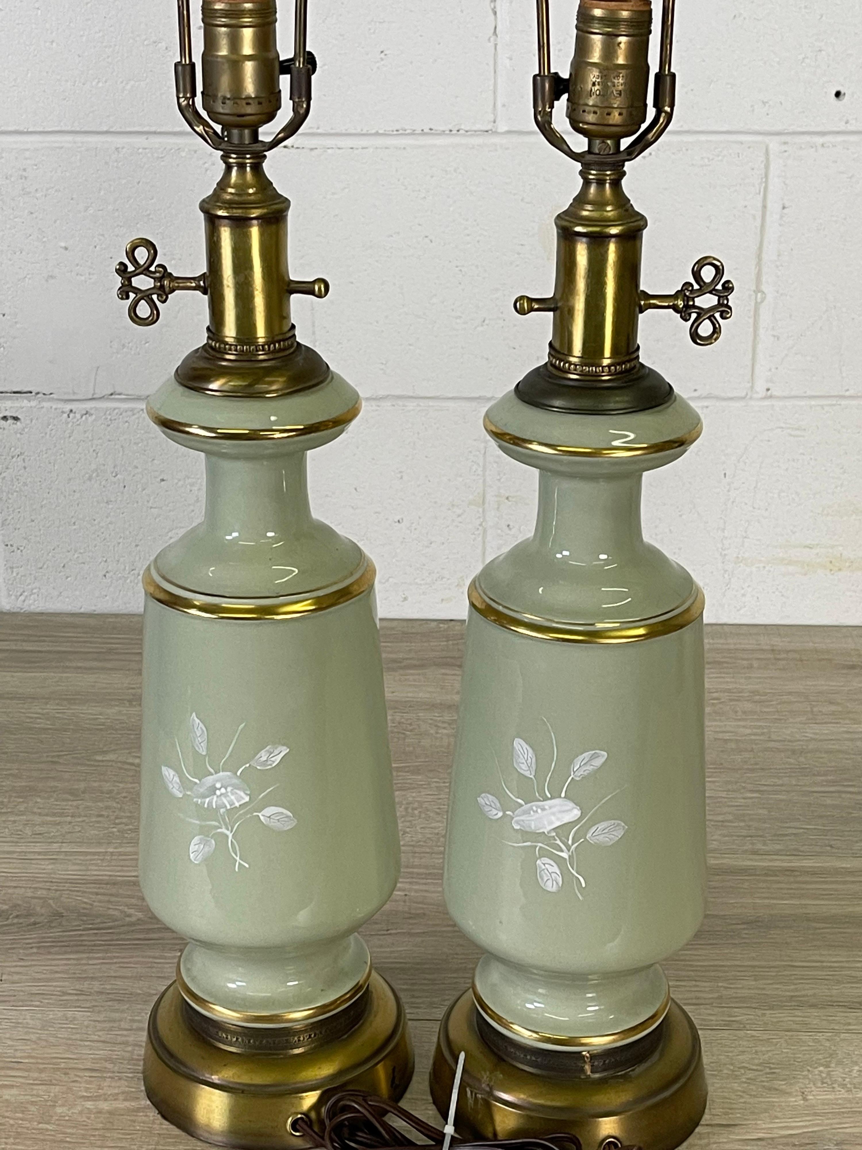 1950s Floral Painted Table Lamps, Pair For Sale 2