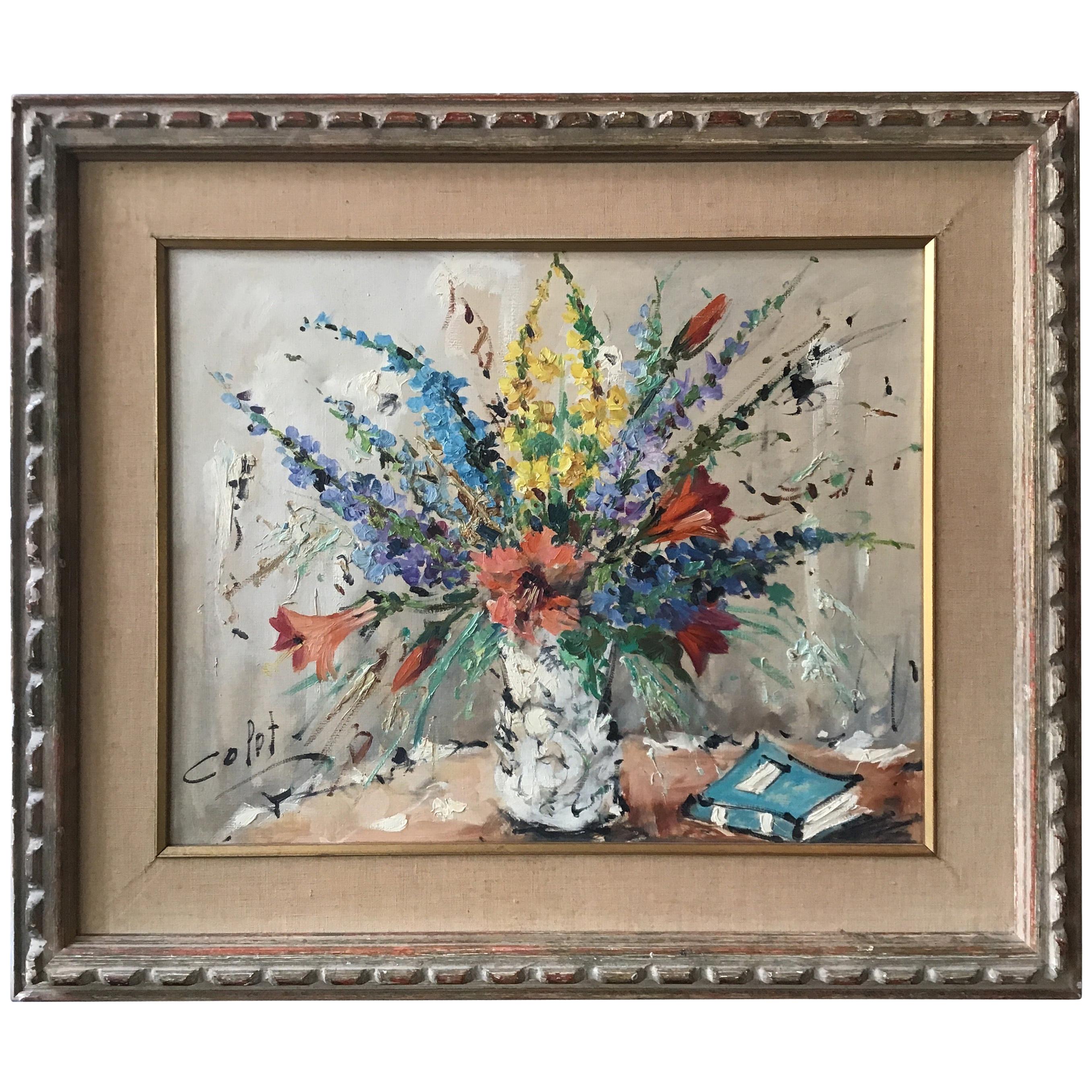 1950s Floral Painting Oil On Canvas