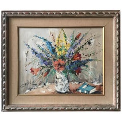 1950s Floral Painting Oil On Canvas