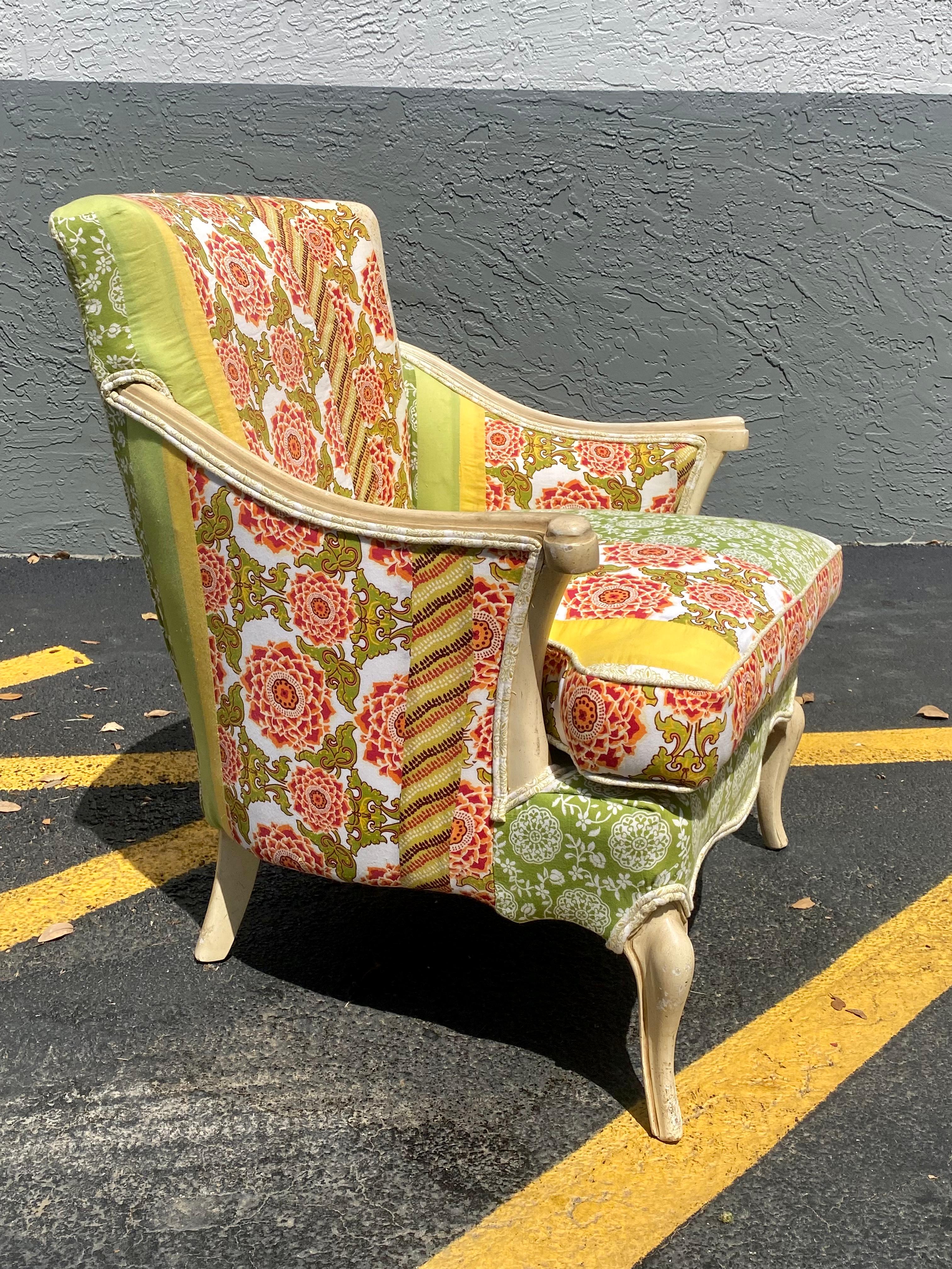 Upholstery 1950s French Colorful Floral Patchwork Chair   For Sale