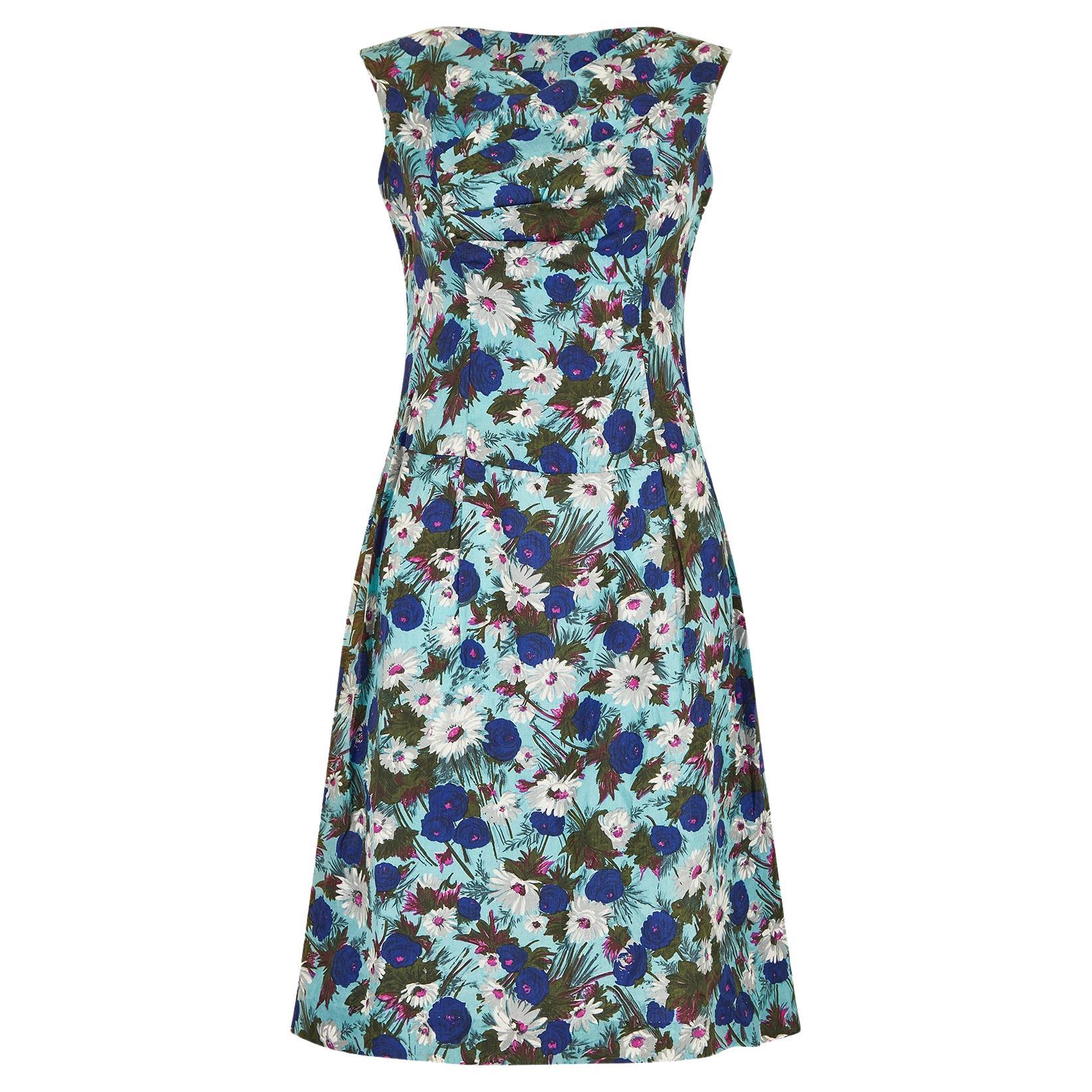 1950s Floral Silk Shift Dress with Cowl Neck For Sale