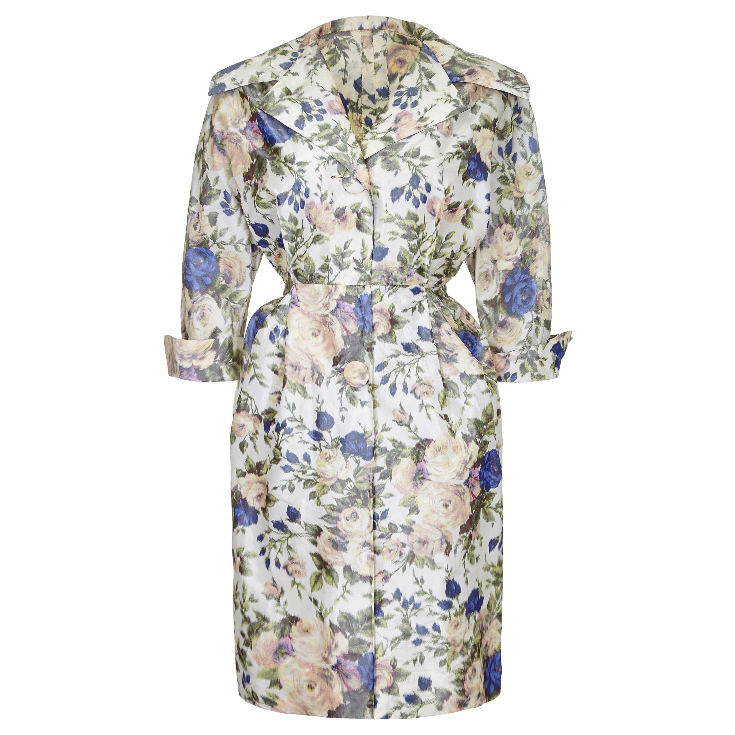 1950s Floral Taffeta Silk French Couture New Look Style Dress