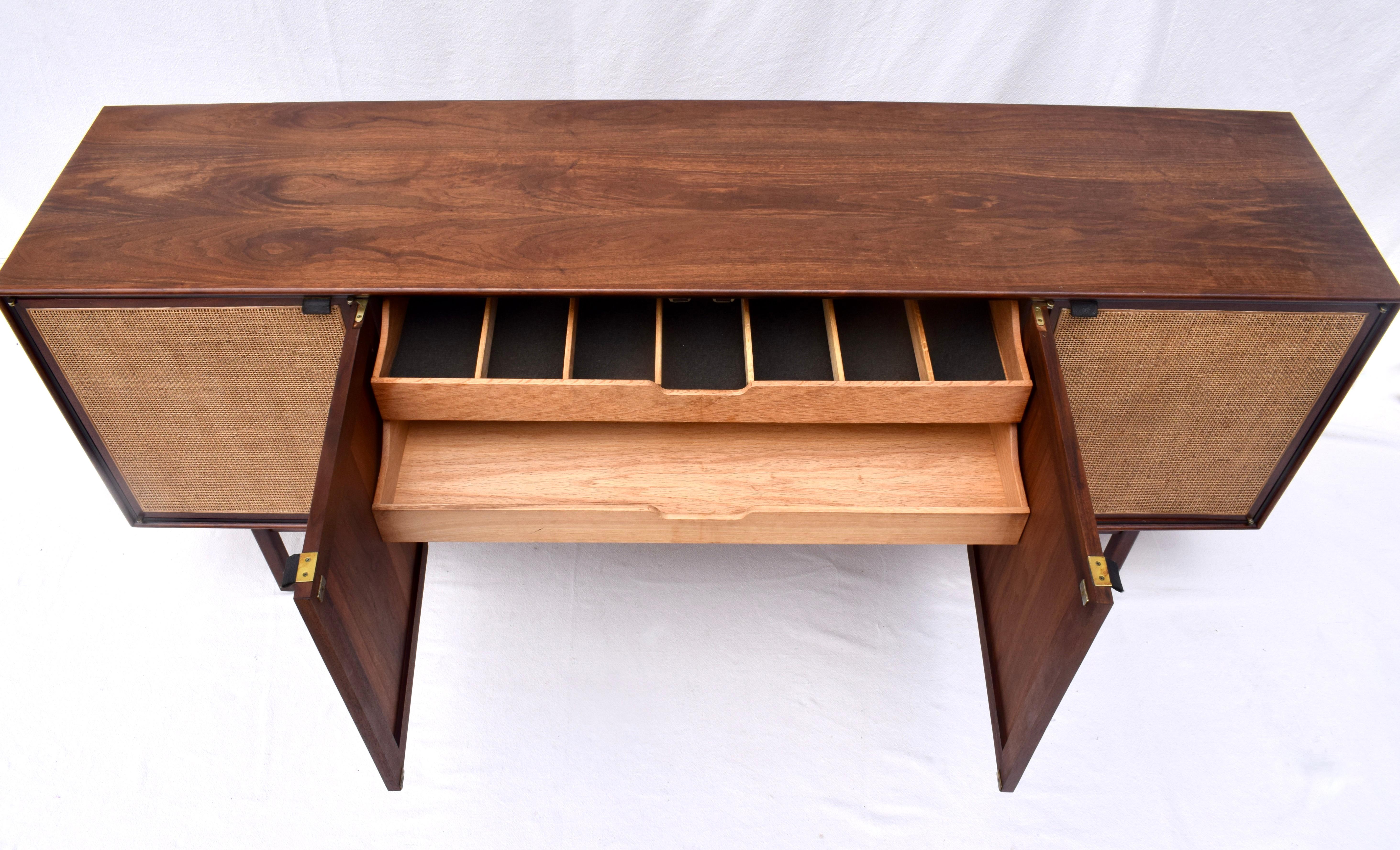 1950's Florence Knoll Caned Walnut Credenza With Leather Pulls 9