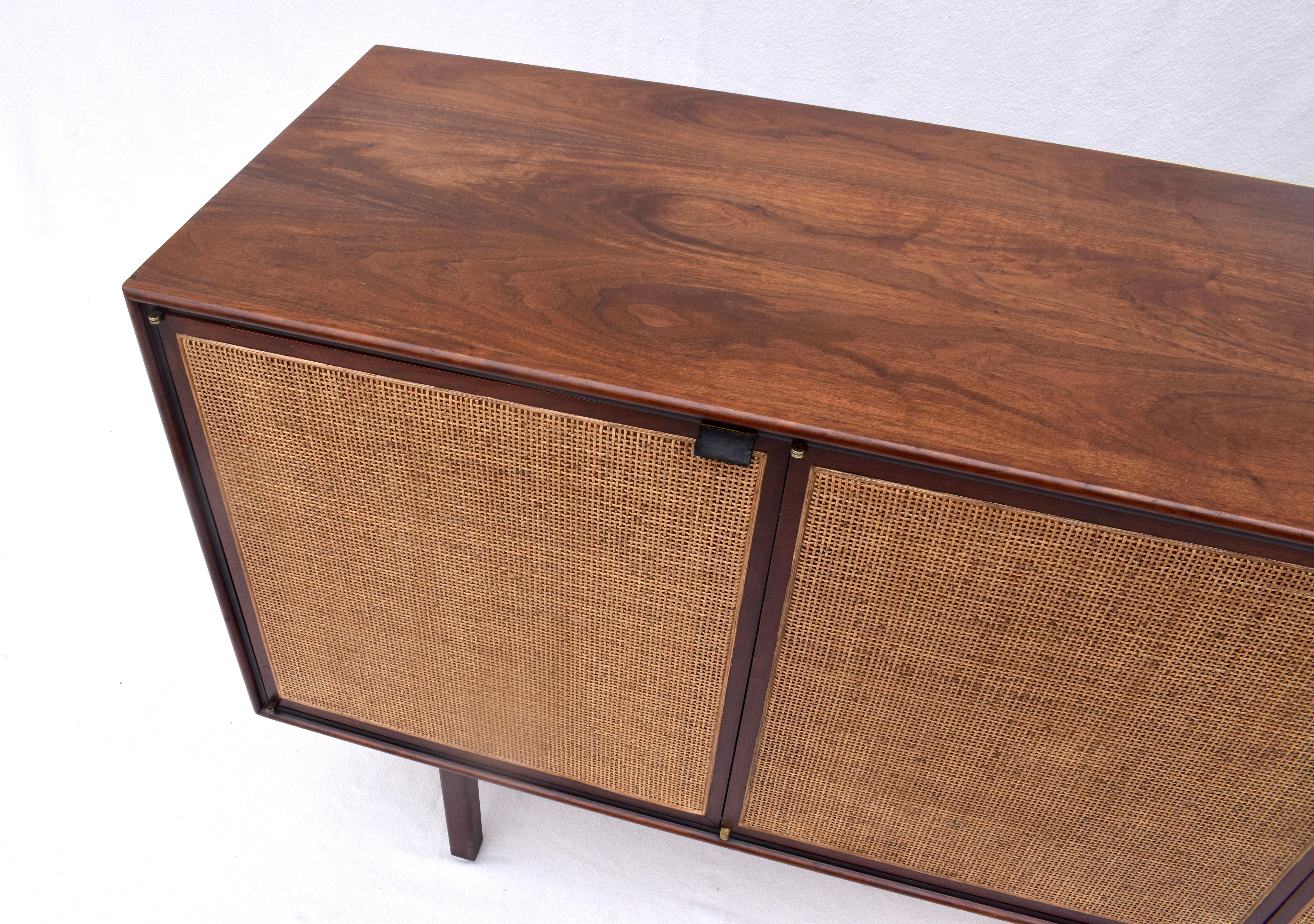 1950's Florence Knoll Caned Walnut Credenza With Leather Pulls 11