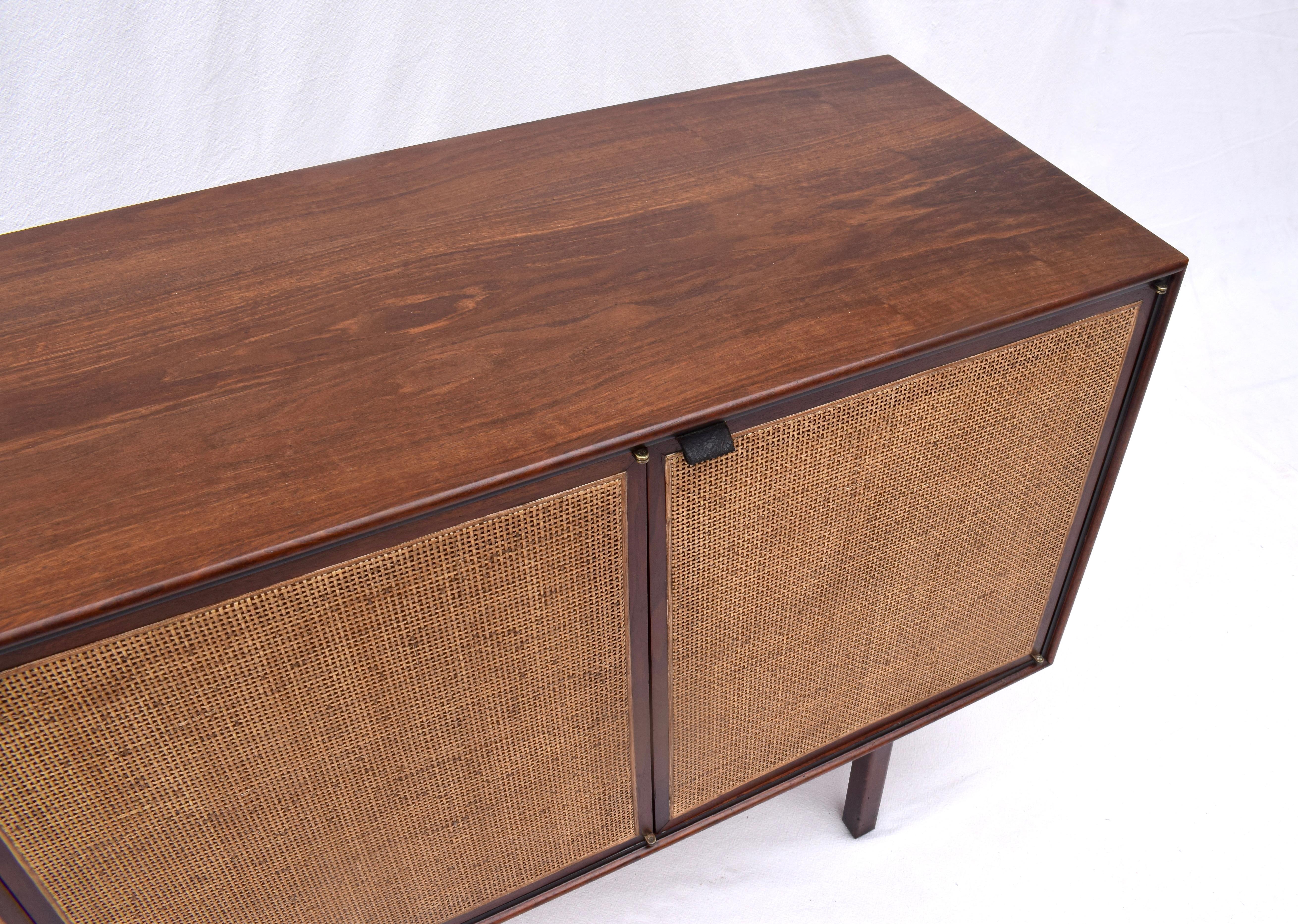 1950's Florence Knoll Caned Walnut Credenza With Leather Pulls 13