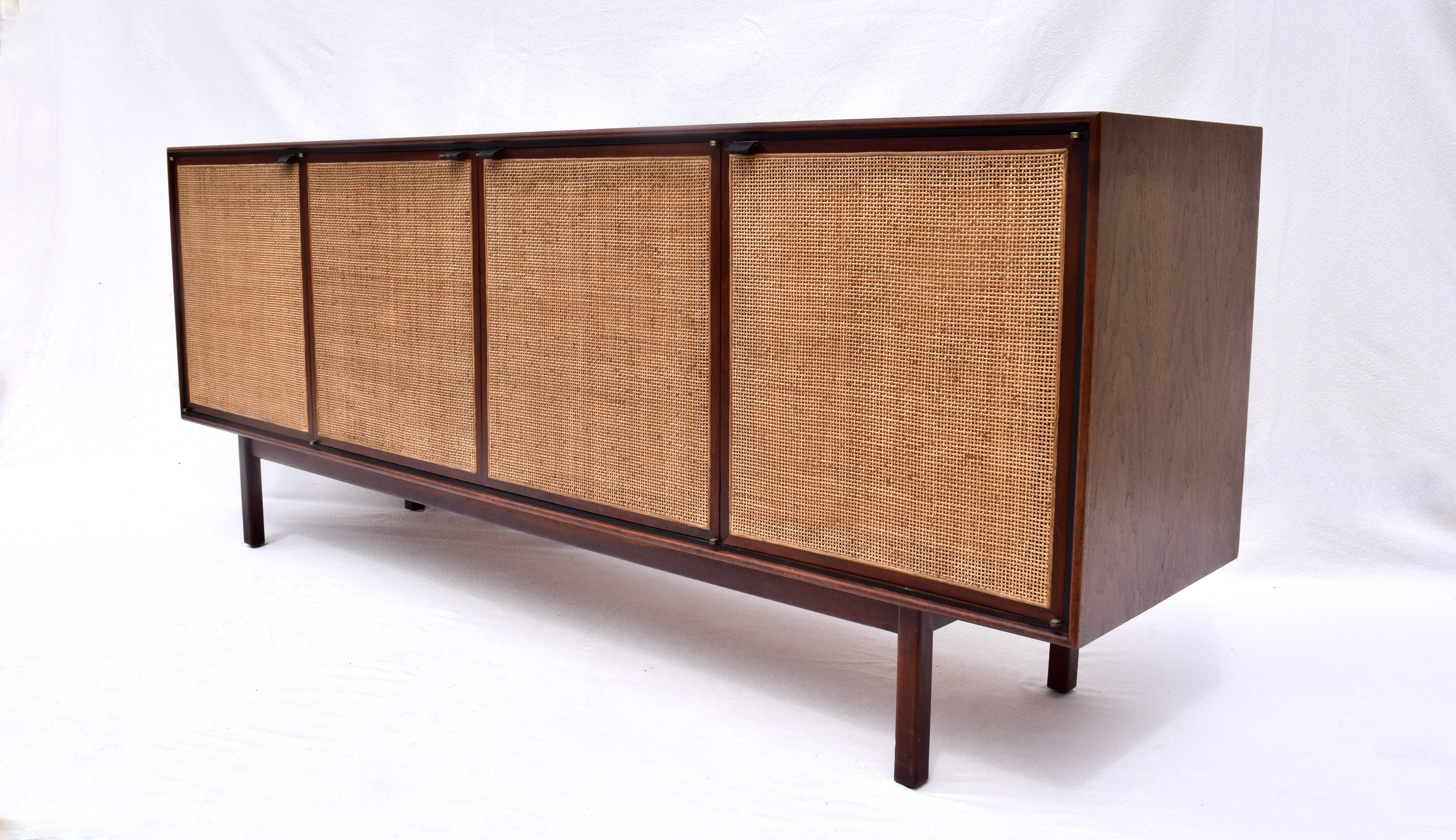 Mid-Century Modern 1950's Florence Knoll Caned Walnut Credenza With Leather Pulls