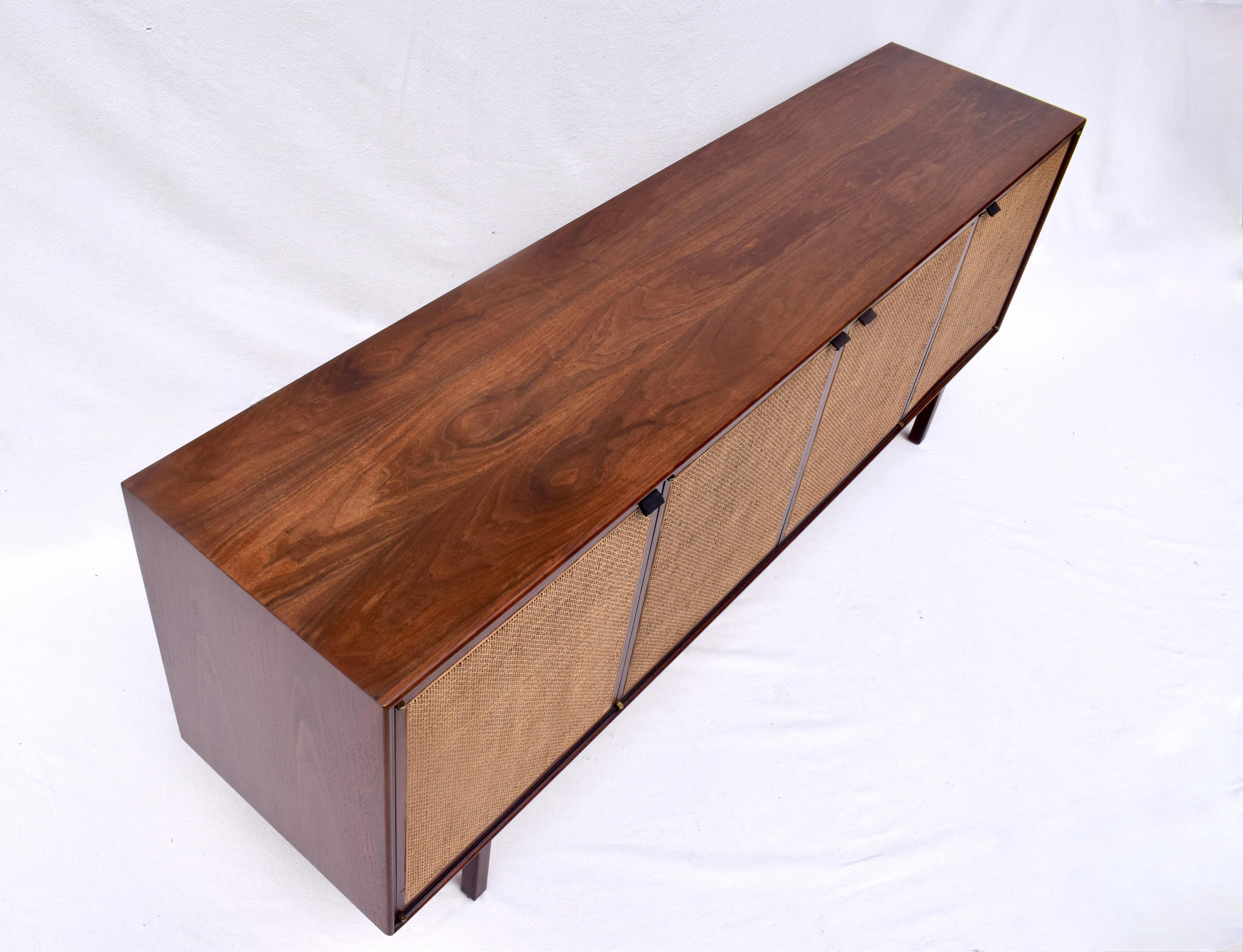 1950's Florence Knoll Caned Walnut Credenza With Leather Pulls In Good Condition In Southampton, NJ