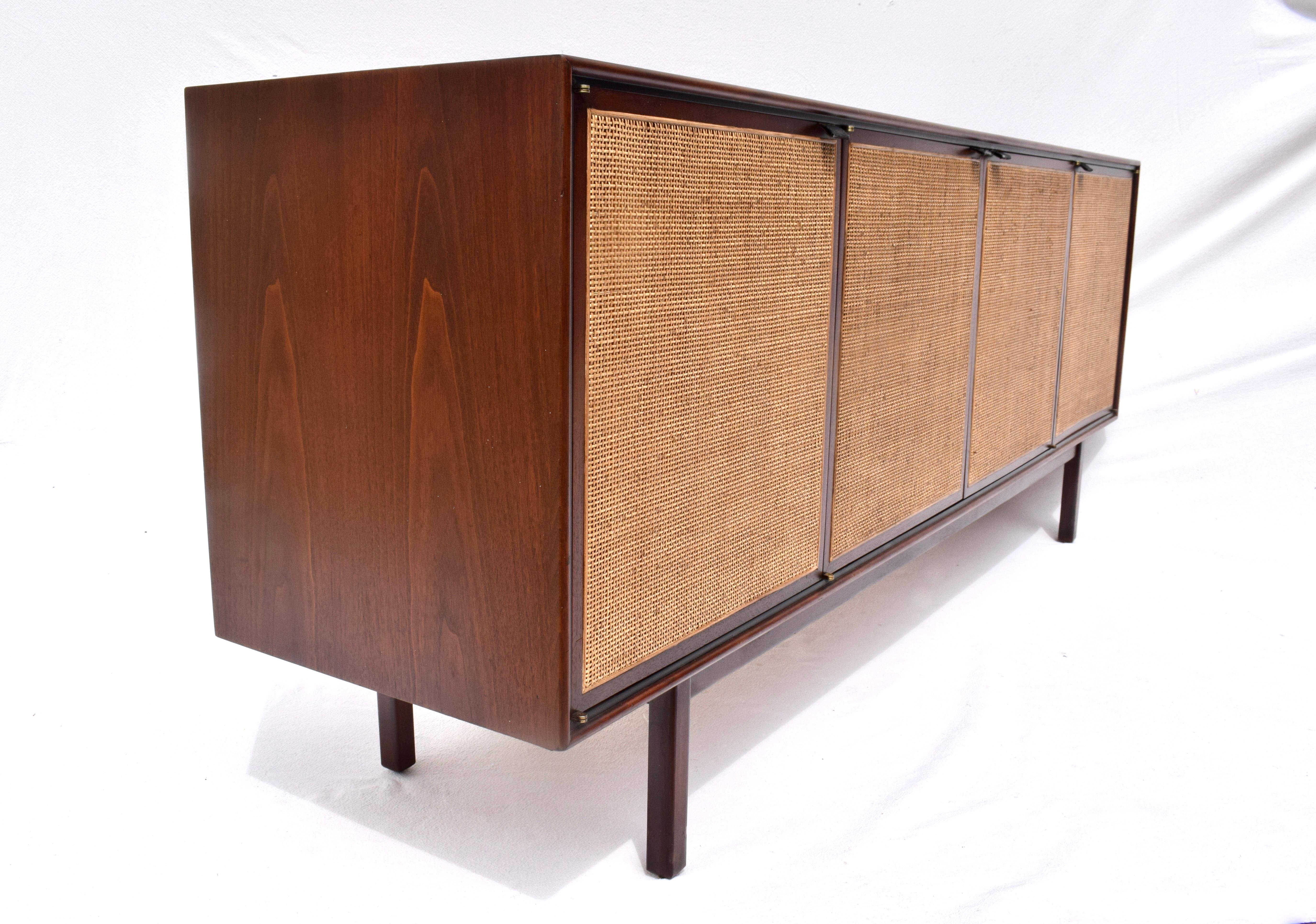 20th Century 1950's Florence Knoll Caned Walnut Credenza With Leather Pulls