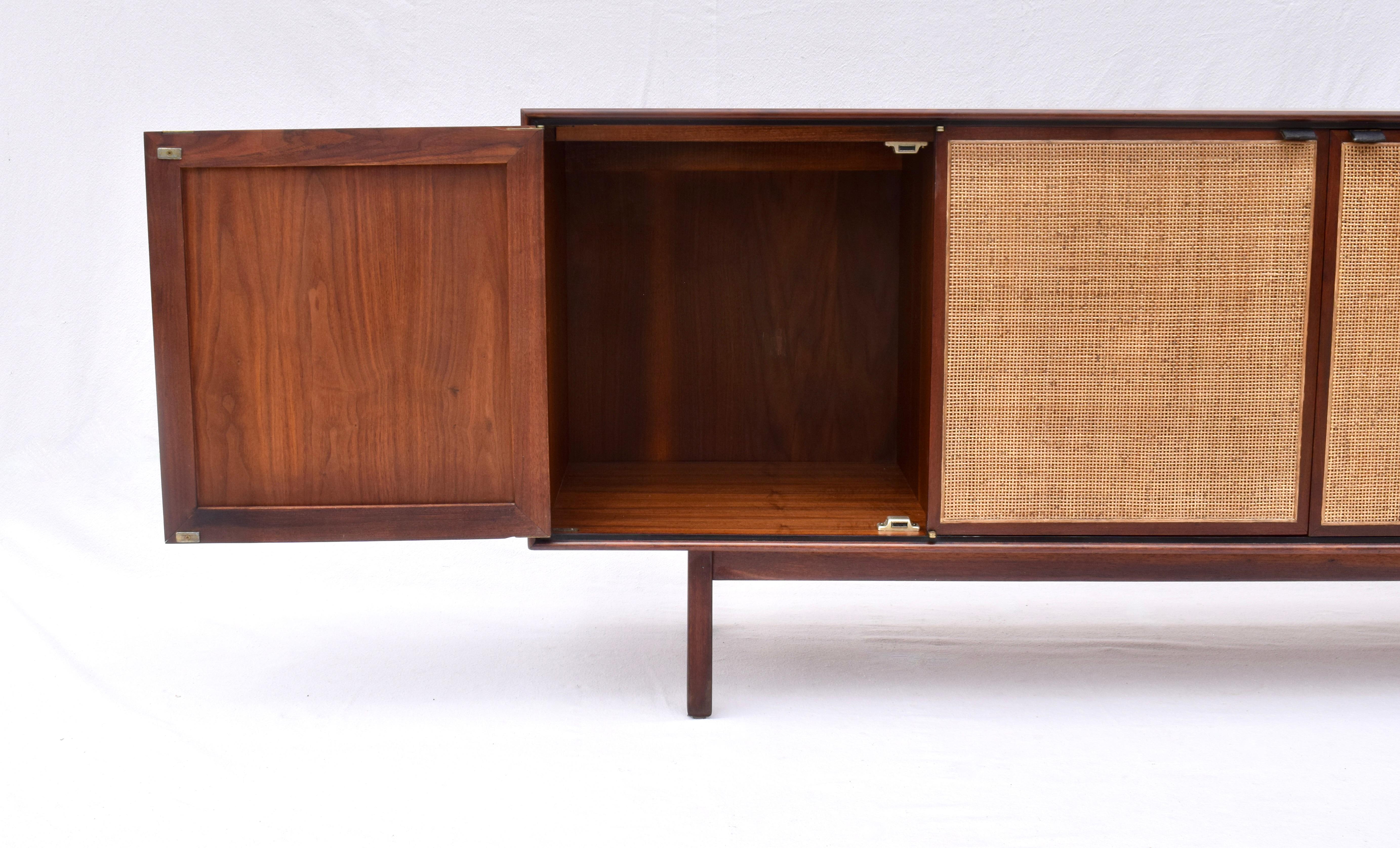 1950's Florence Knoll Caned Walnut Credenza With Leather Pulls 1